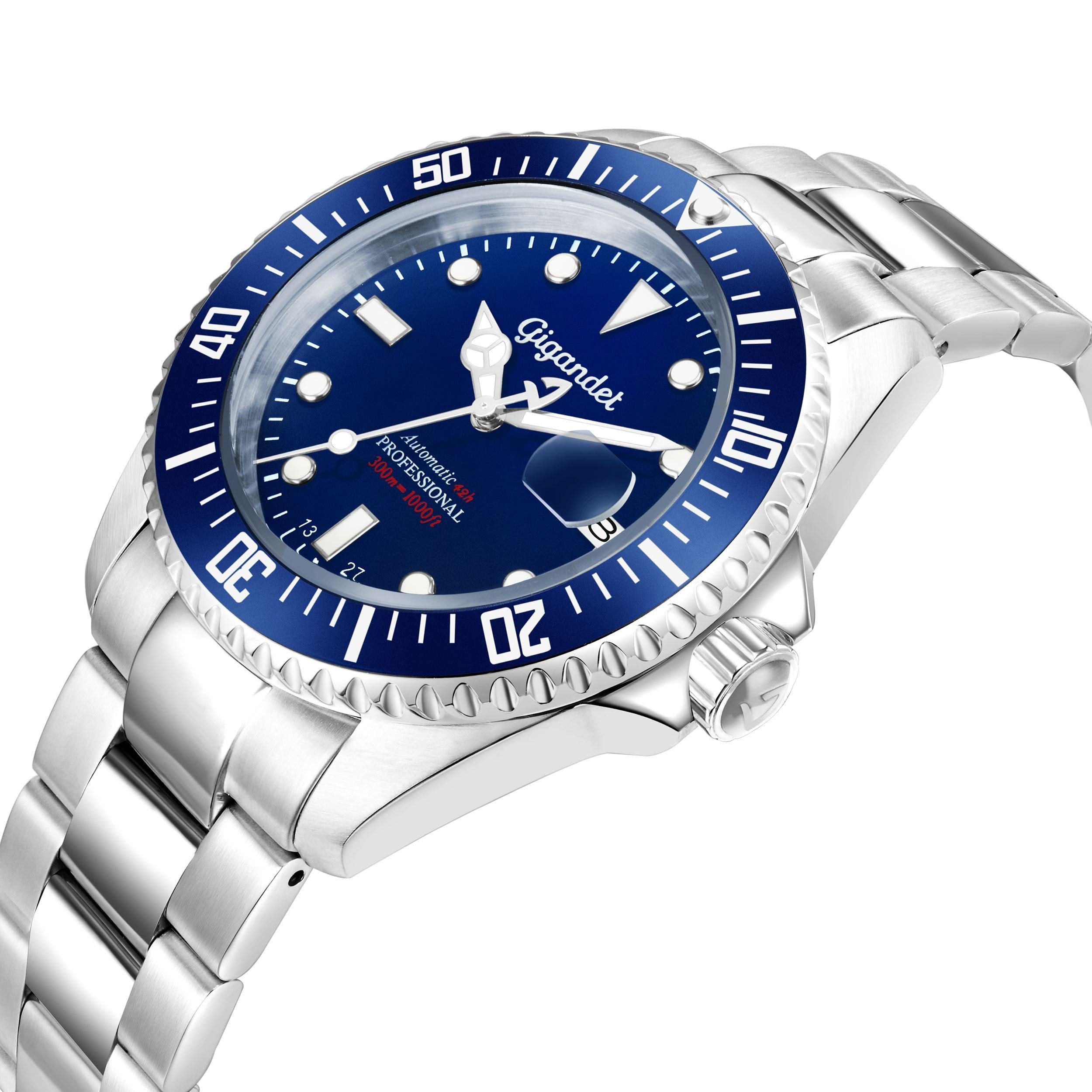 Gigandet Automatikuhr Herrenuhr, Armbanduhr, Taucheruhr, 43mm, SEA GROUND G2-009, Mineralglas, Aluminiumlünette, Blau, 30bar/300m wasserdicht
