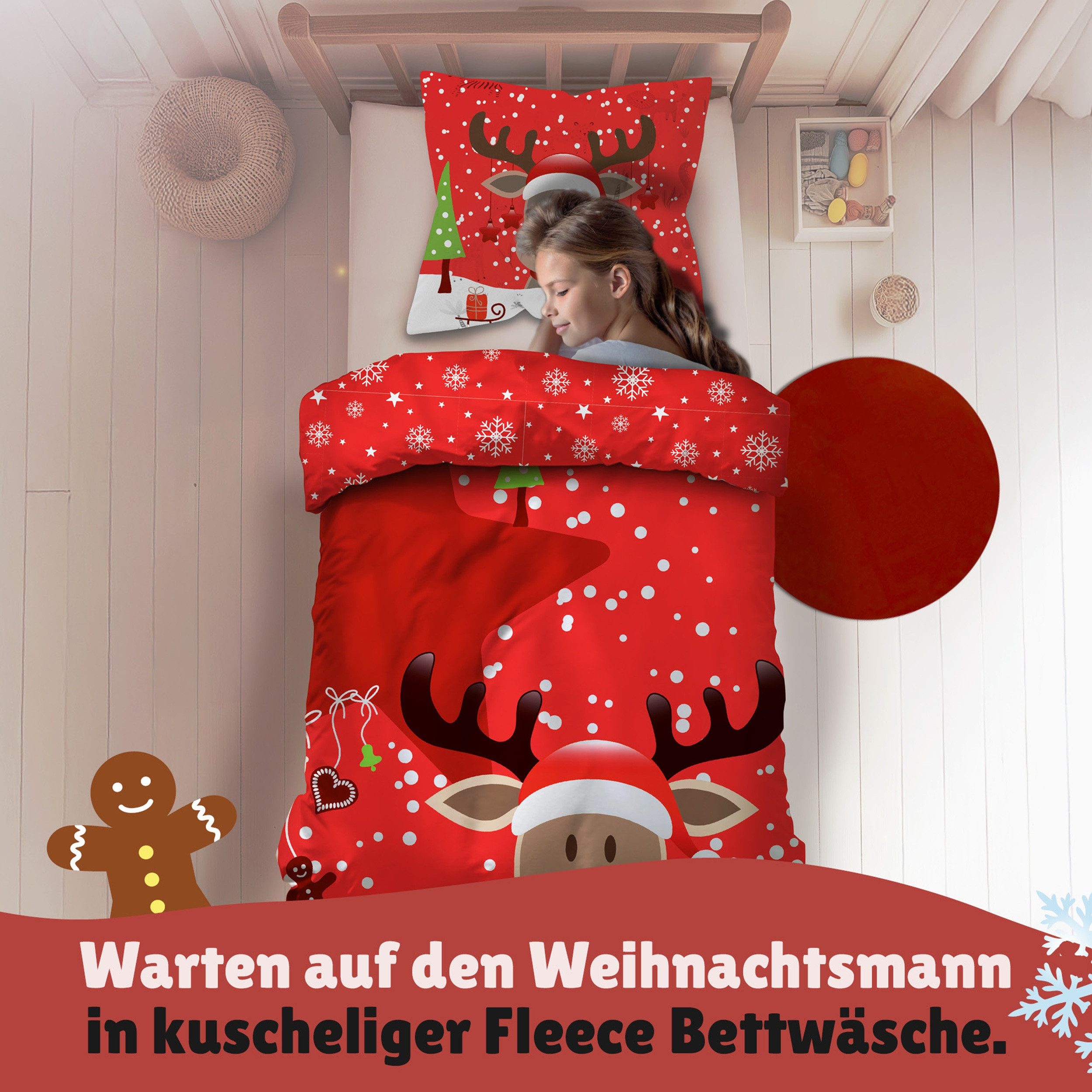 Familando Bettwäsche Weihnachten Rentier Rot, Fleece, 135x200 80x80 cm mit Reißverschluss, Fleece, 2 teilig, mit kräftigen Farben und Wendeseite mit Schneeflocken