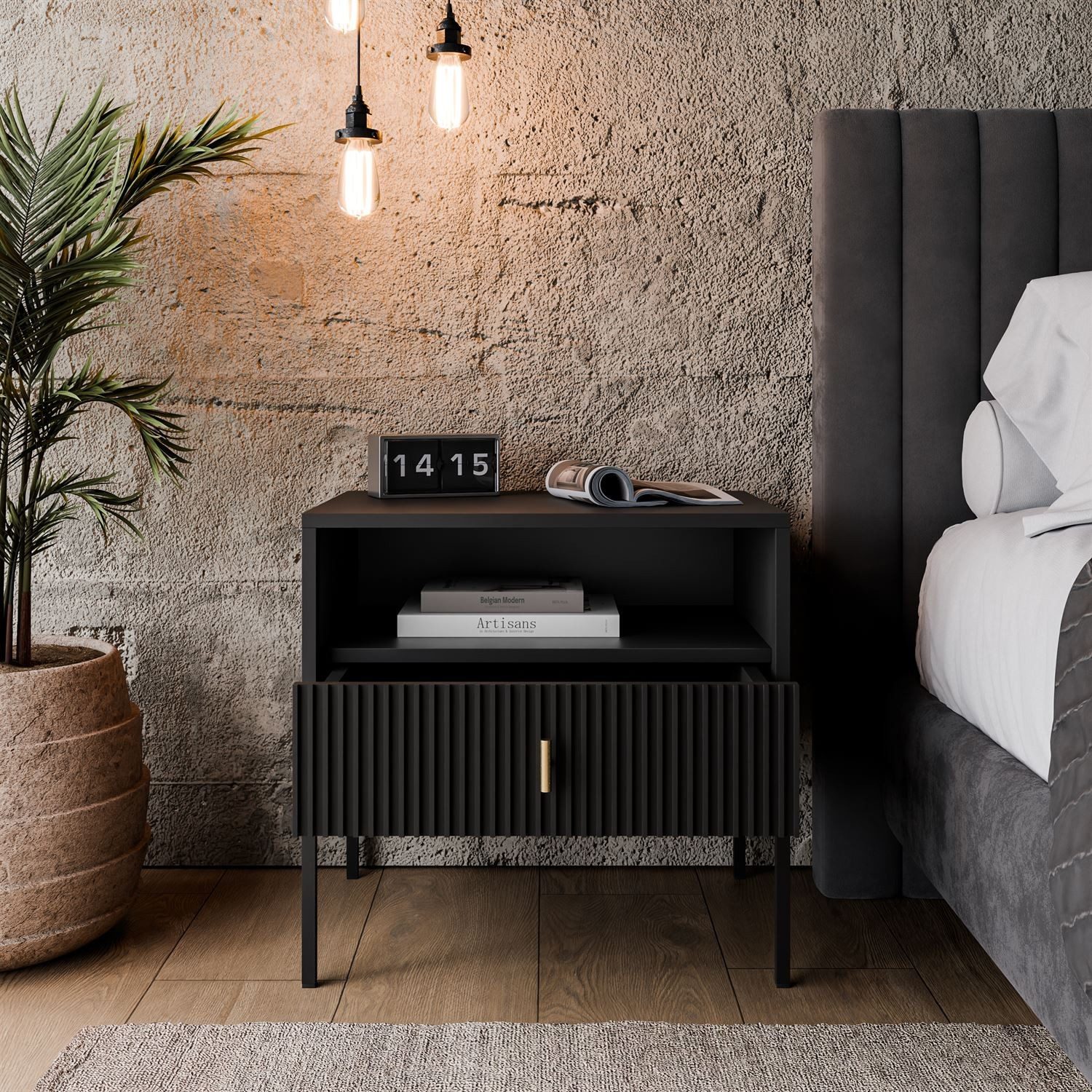 Lookway Nachttisch MIDNIGHT mit geriffelter Front auf Gestell, Breite 54 cm