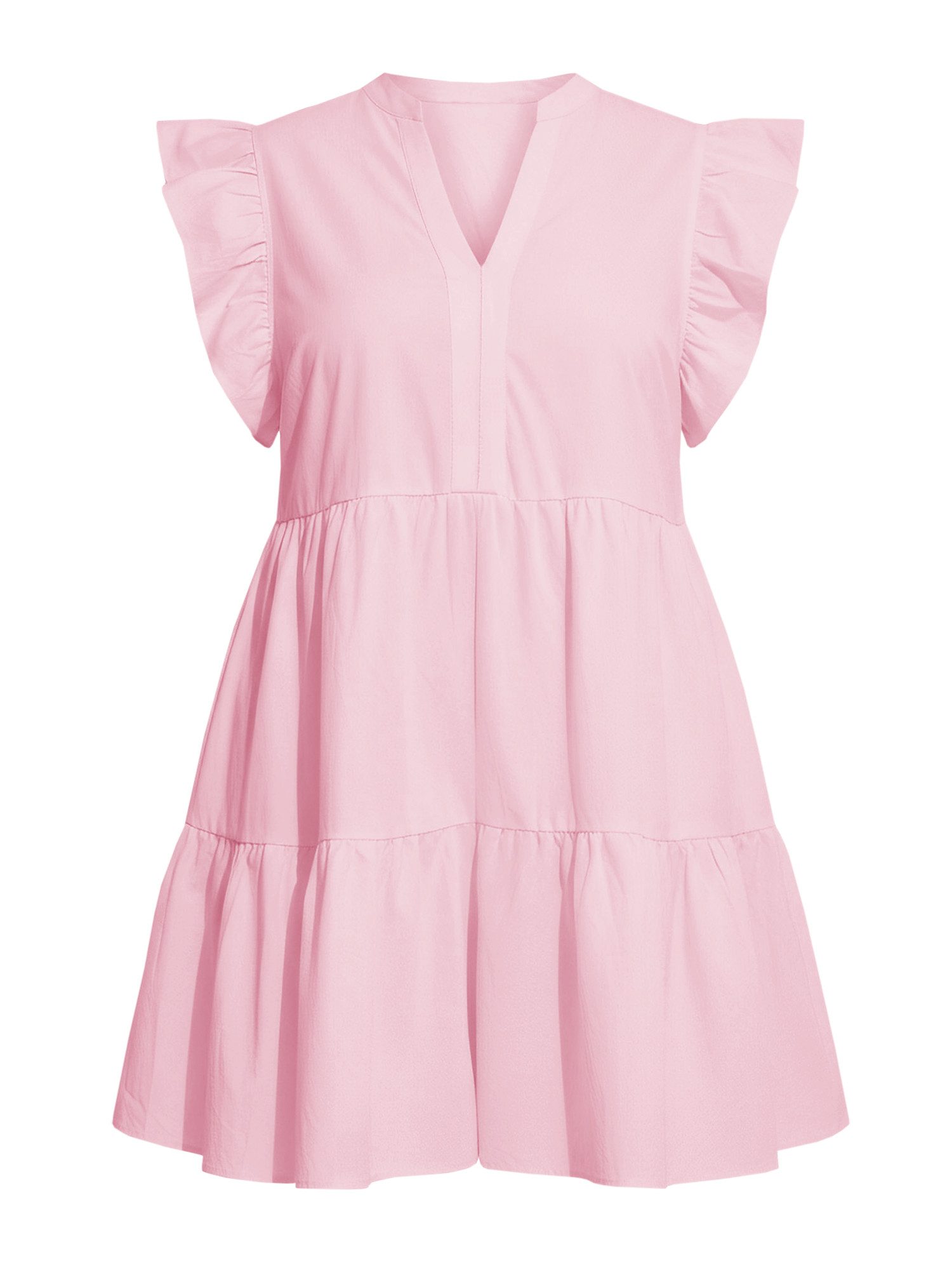 Minikleid Damen Oversize Kurzarm V-Ausschnitt mit Rüschenärmeln A-Linie Sommer