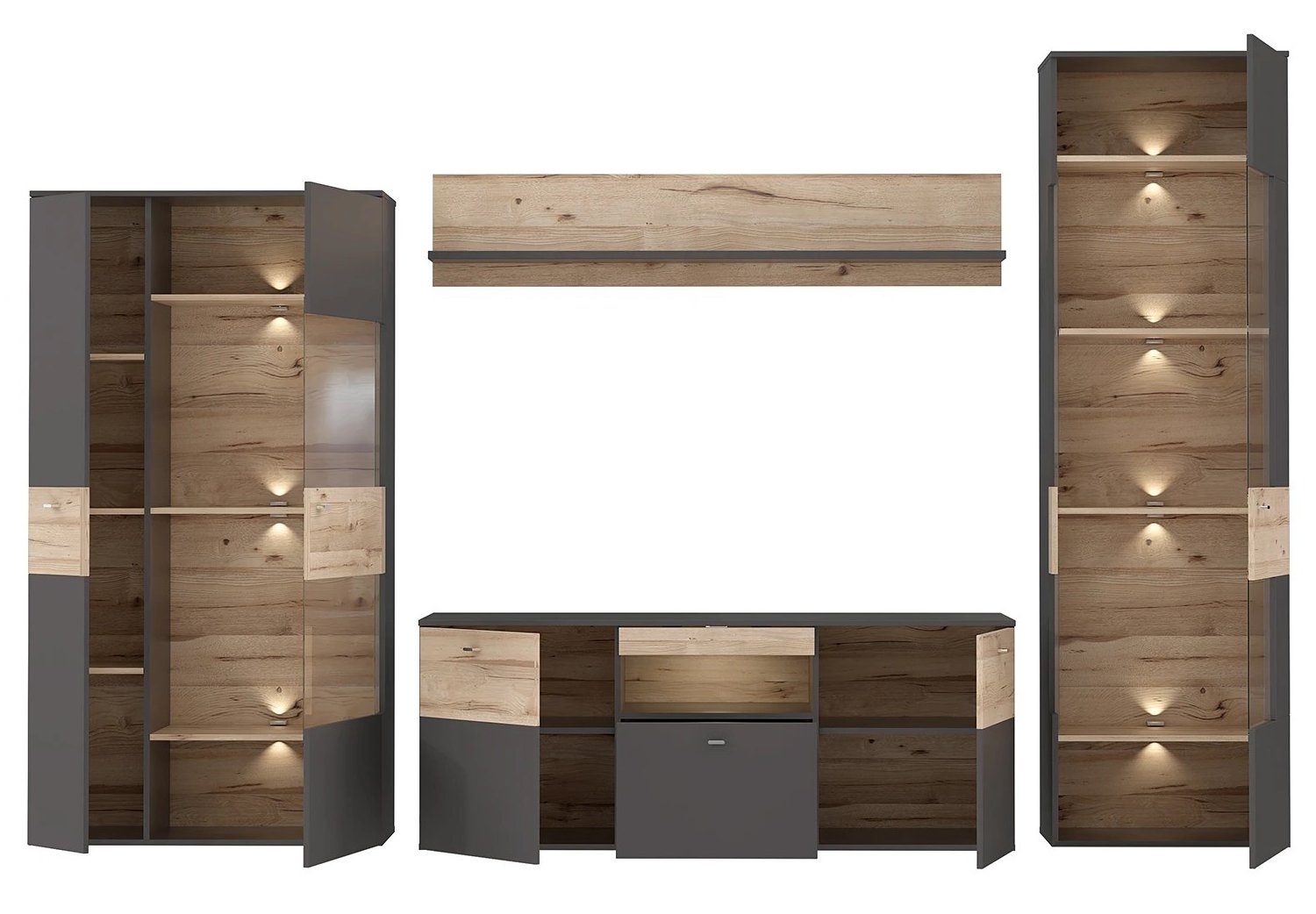 FORTE Wohnwand Wohnkombination COMO rechts Optik: Grau / Planked Eiche mit LED, (Komplett-Set, 4-St., Vitrine, Highboardvitrine, Lowboard, Wandboard)