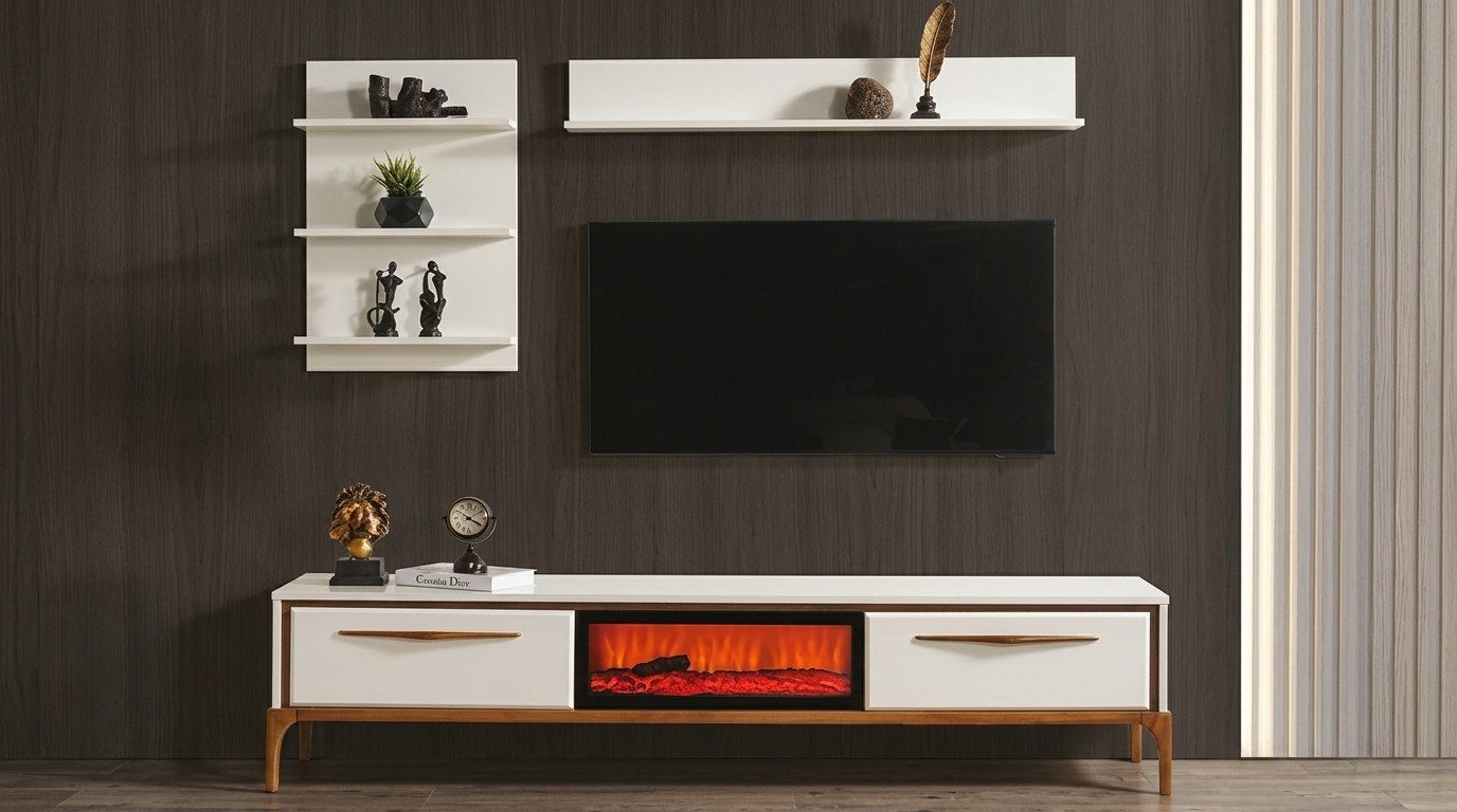 JVmoebel Wohnwand TV Lowboard Wandschrank Wandregal Stil modern weiß Kamin, (1-St., 1-tlg)