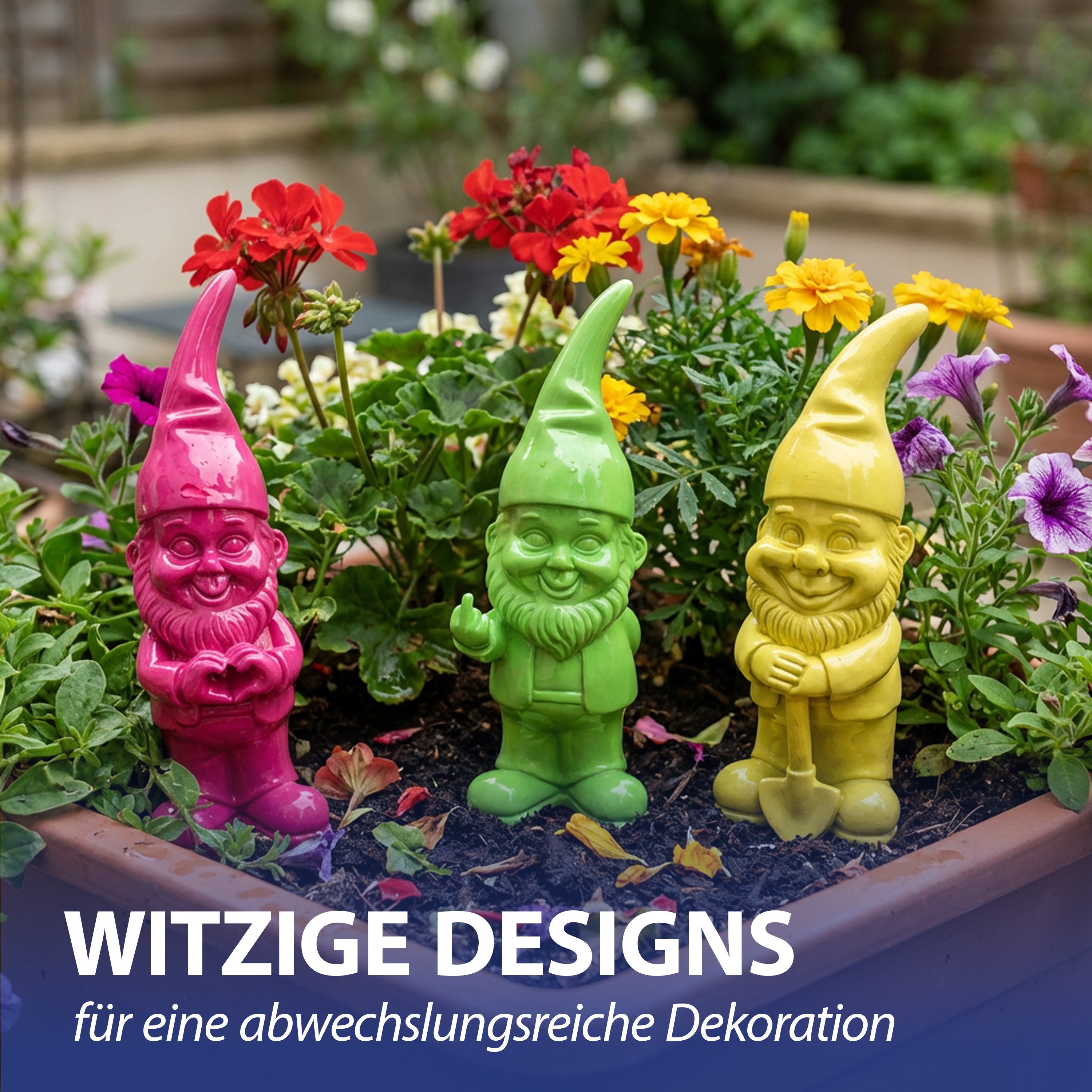 CEPEWA Gartenzwerg XL Gartenzwerg 3er Set Polyresin pink gelb grün 13x40x12cm Figur – Bild 5 von 5