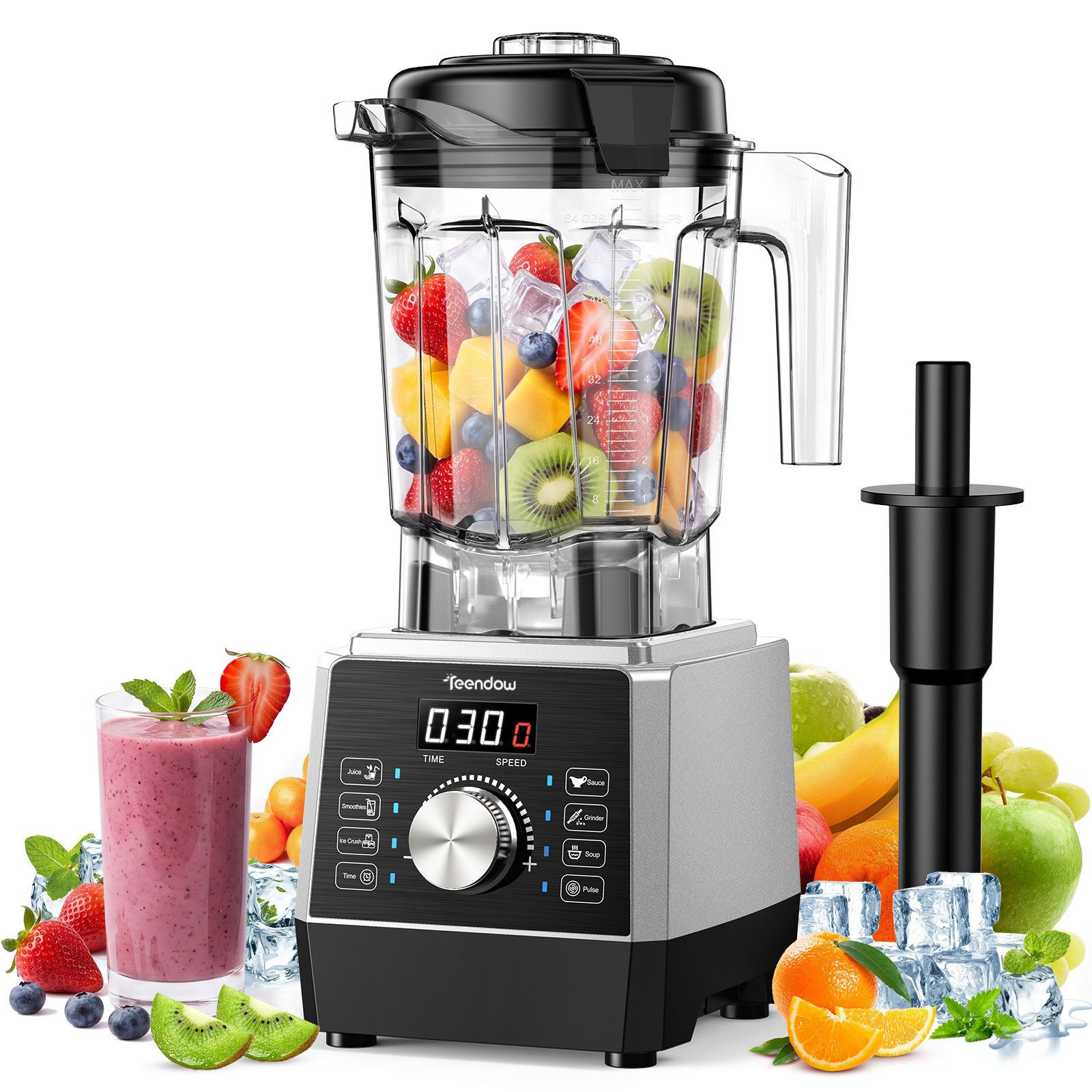 Teendow Standmixer 1800 W, 2 L Smoothie Maker, 6 Programme Hochleistungsmixer Mixer, 1800 W, 25.000 U/min, 6 Edelstahlklingen, LED-Display, Pulse, Ice Crush