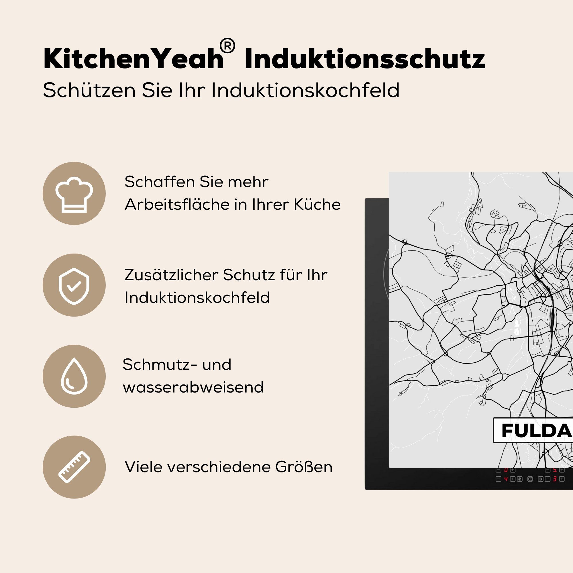 MuchoWow Herdblende-/Abdeckplatte - Arbeitsplatte Vinyl, 78x78 für Deutschland (1 tlg), - cm, Karte Ceranfeldabdeckung, küche Fulda Karte, - - Stadtplan