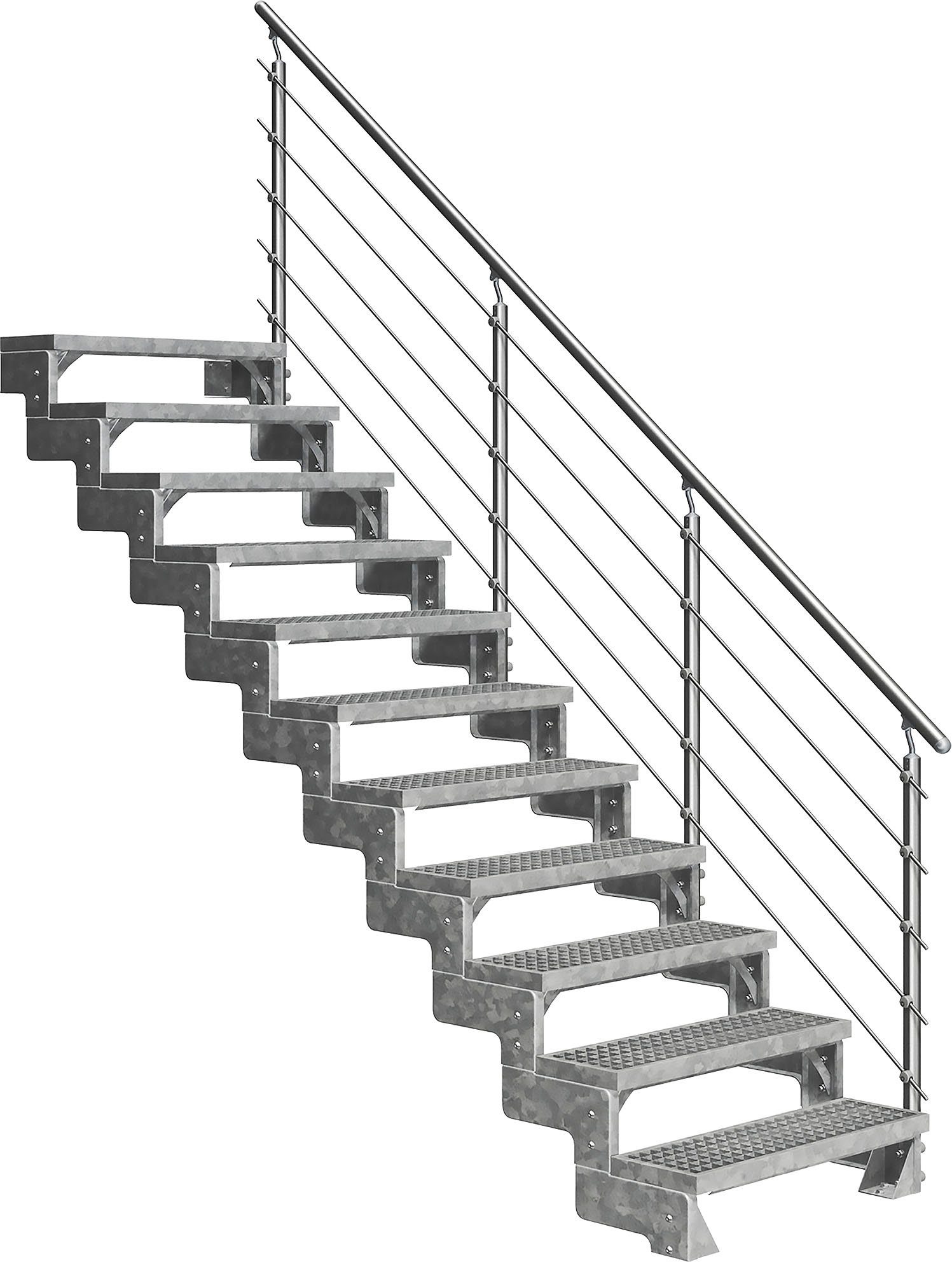 bis Gardentop, Außentreppe Stufen für 11 Geschosshöhen cm, Dolle einseitigem 242 offen, Alu/Metall/ES Gitterrost-Stufen, inkl.