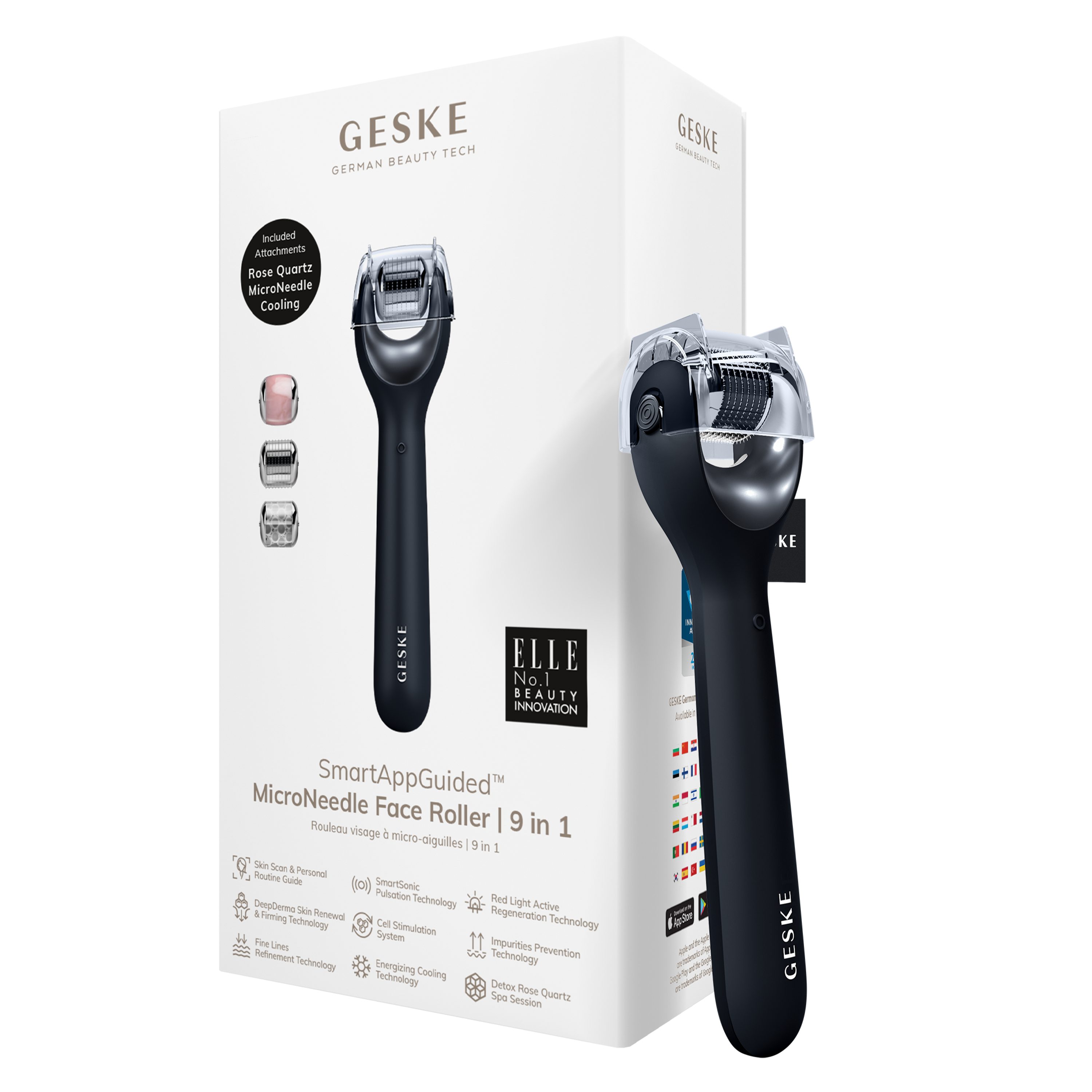 GESKE German Beauty Tech Micro-Needling SmartAppGuided™ MicroNeedle Face Roller 9 in 1, Packung (Gerät & USB-Ladekabel), 2-tlg., Gerät inkl. kostenloser APP (SmartAppGuided Device), Mit der GESKE App erhältst Du deine personalisierte Hautpflegeroutine. Black