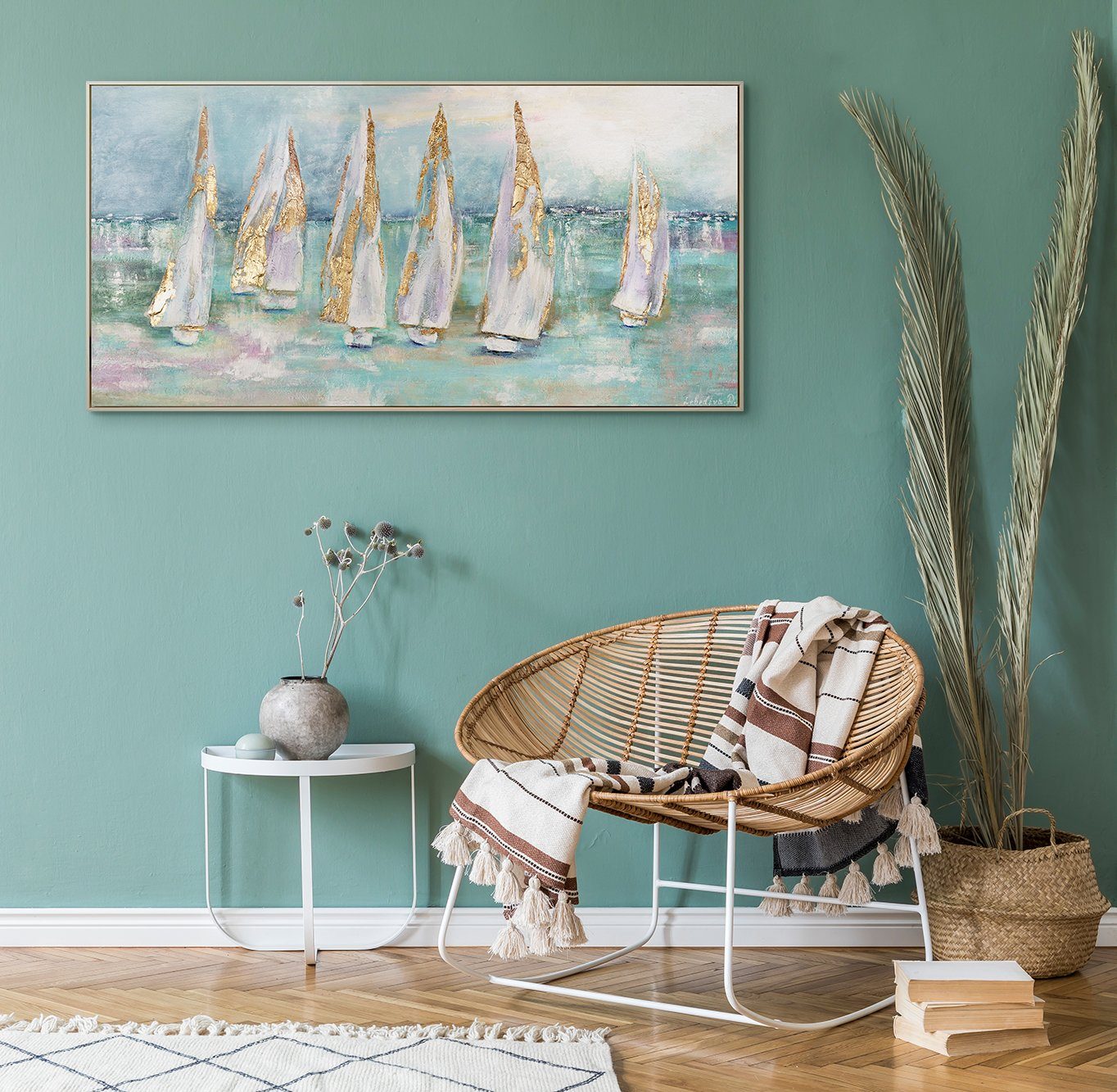 YS-Art Gemälde Segelboote, Meer, Leinwand Meer Mit Bild Türkis in Segelboote Rahmen am Handgemalt Gold Beige