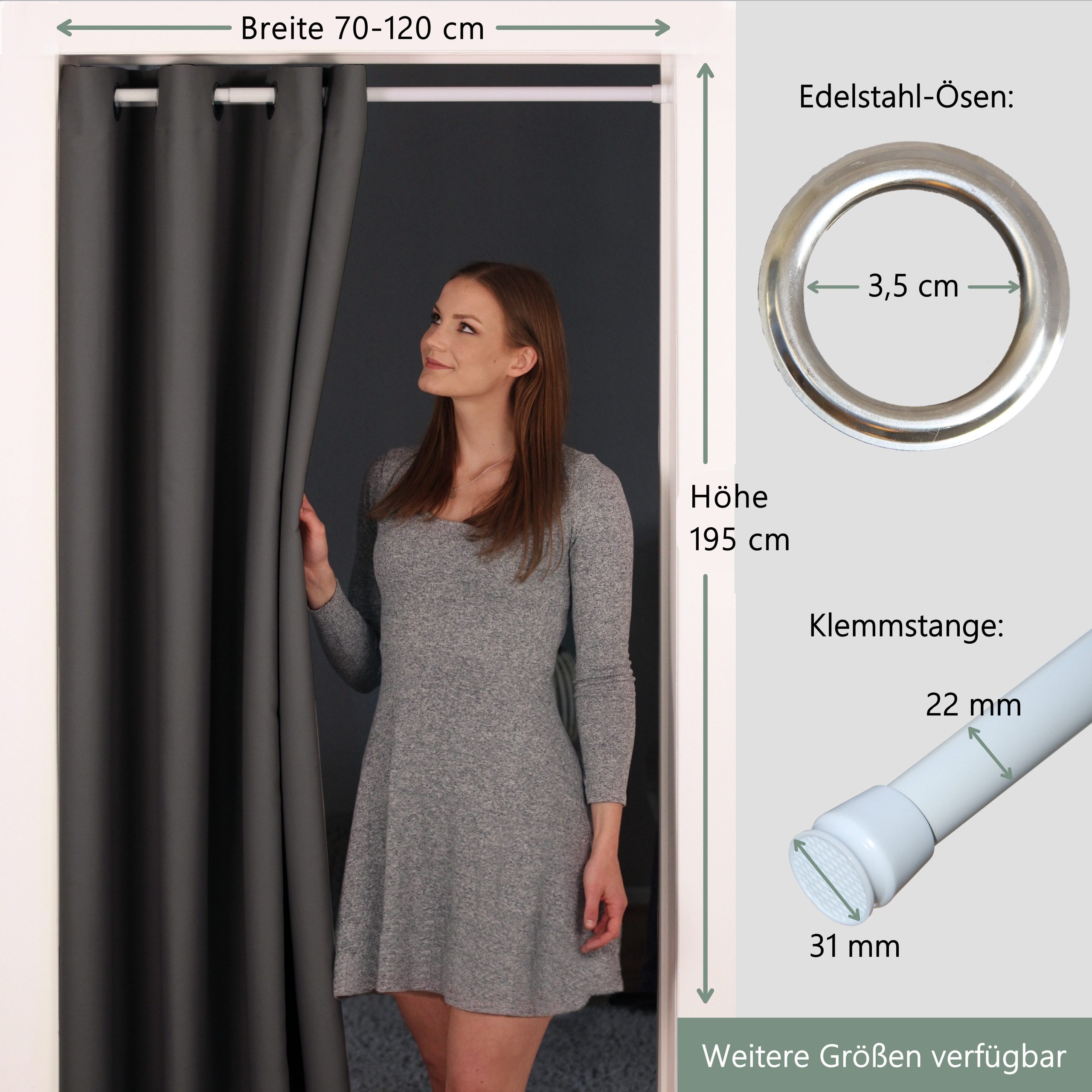 tinycurtains Türvorhang mit Stange weiß 70-120 cm Thermo Vorhang ohne Bohren, blickdicht, Ösen, verdunkelnd, Polyester, blickdicht, Anthrazit Nebula, Türgardine mit Klemmstange verdunkelnd