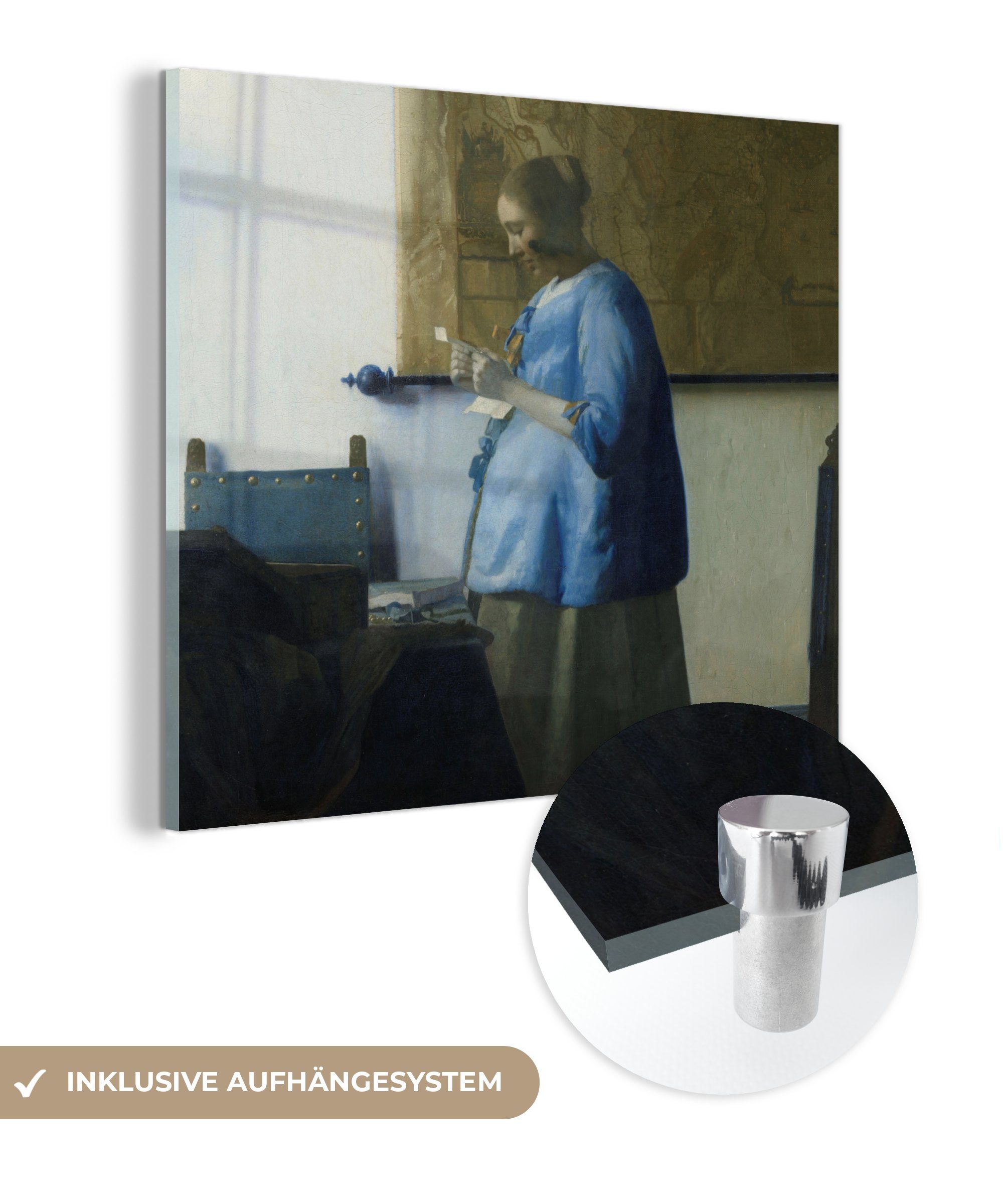 MuchoWow Acrylglasbild Frau in Blau liest einen Brief - Gemälde von Johannes Vermeer, (1 St), Glasbilder - Bilder auf Glas Wandbild - Foto auf Glas - Wanddekoration