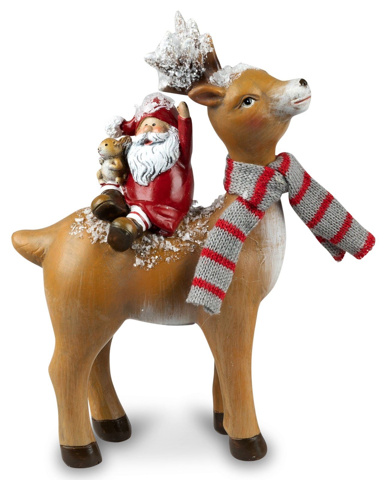 dekojohnson Dekofigur Deko-Hirsch mit Weihnachtsmann auf dem Rücken 17cm (kein Set, kein Set)