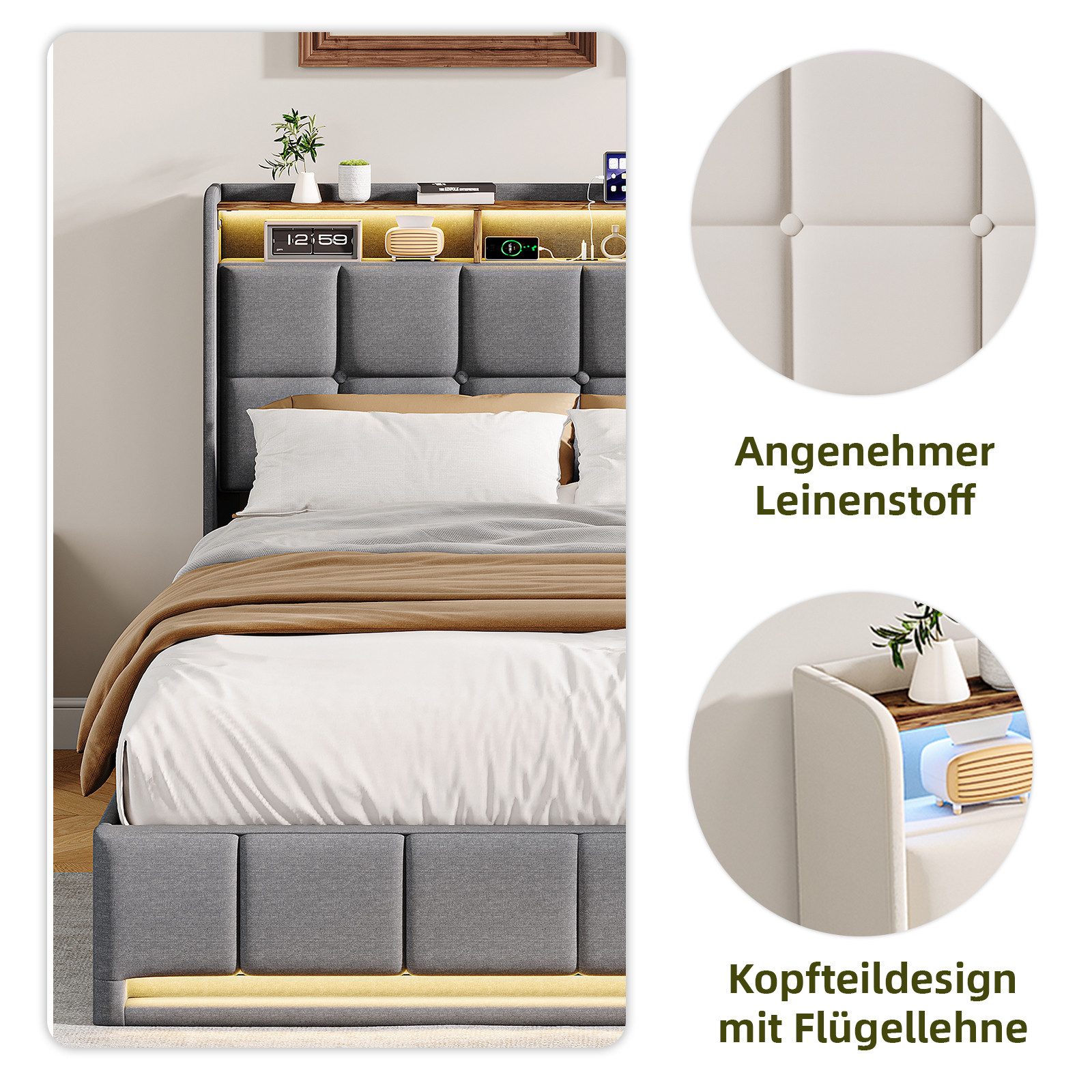 ADWOLT Polsterbett LED Hydraulisches Doppelbett Bett mit Stauraum (Set, 1-tlg., 160x200cm Stauraumbett), Bettgestell mit Lattenrost,Leinenmaterial,ohne Matratze – Bild 5 von 5