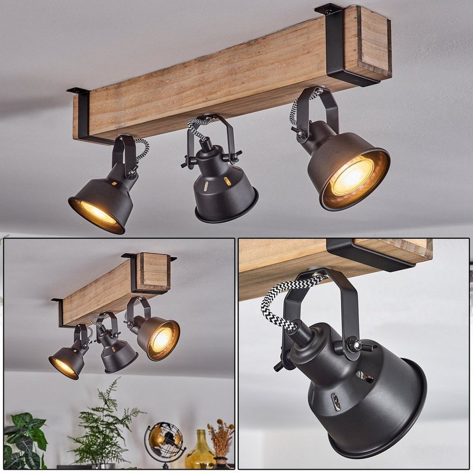 hofstein Deckenleuchte moderne Deckenlampe aus Metall/Holz in Schwarz/Natur,  ohne Leuchtmittel, Deckenleuchte mit verstellbaren Schirmen, 3x GU10 ohne  Leuchtmittel