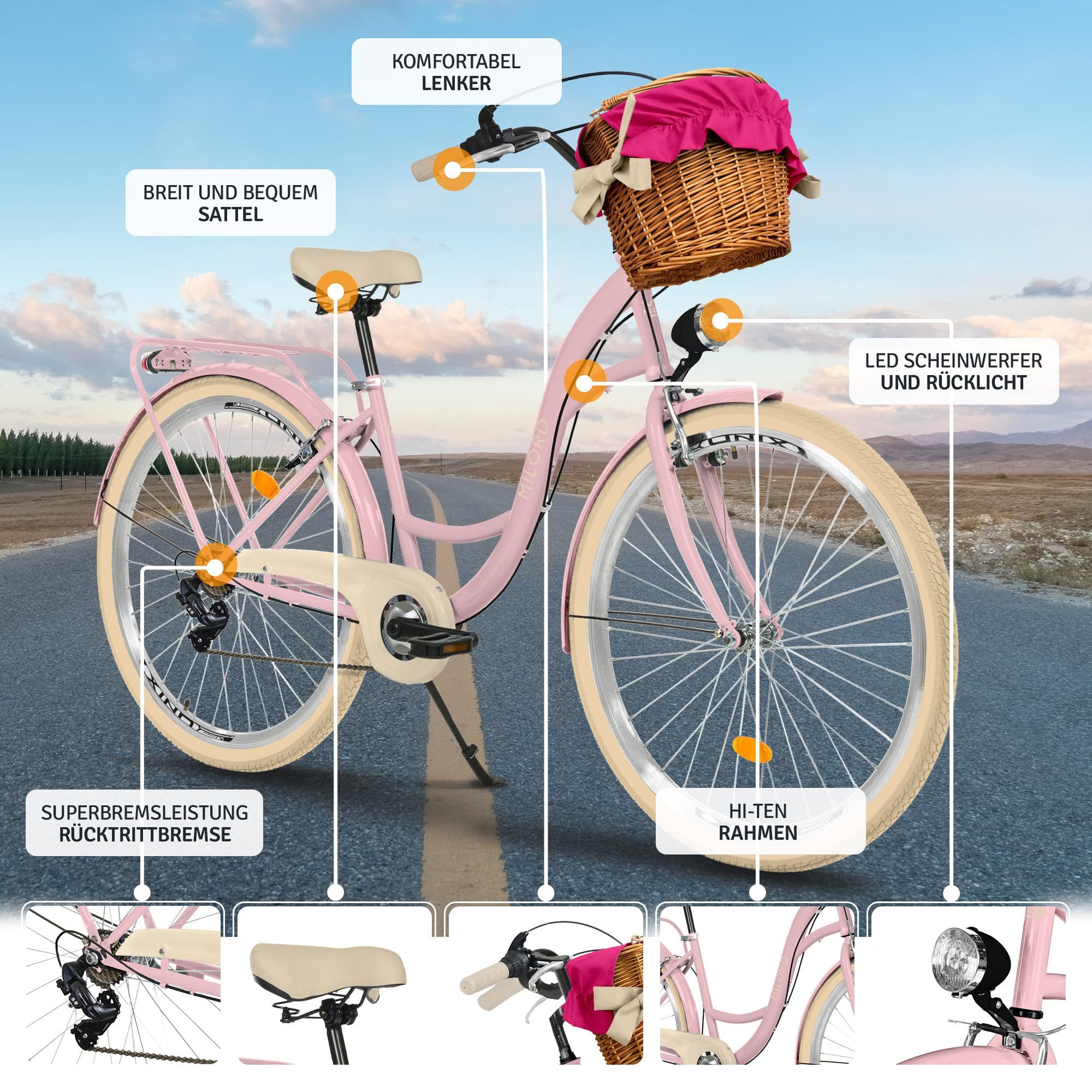 Milord Cityrad Milord City Fahrrad Weidenkorb Damen, 28/26 Zoll, Rosa-Creme, 7-Gang, 7 Gang, (Fahrradständer, Gepäckträger, Klingel, Korb, Kotflügel)