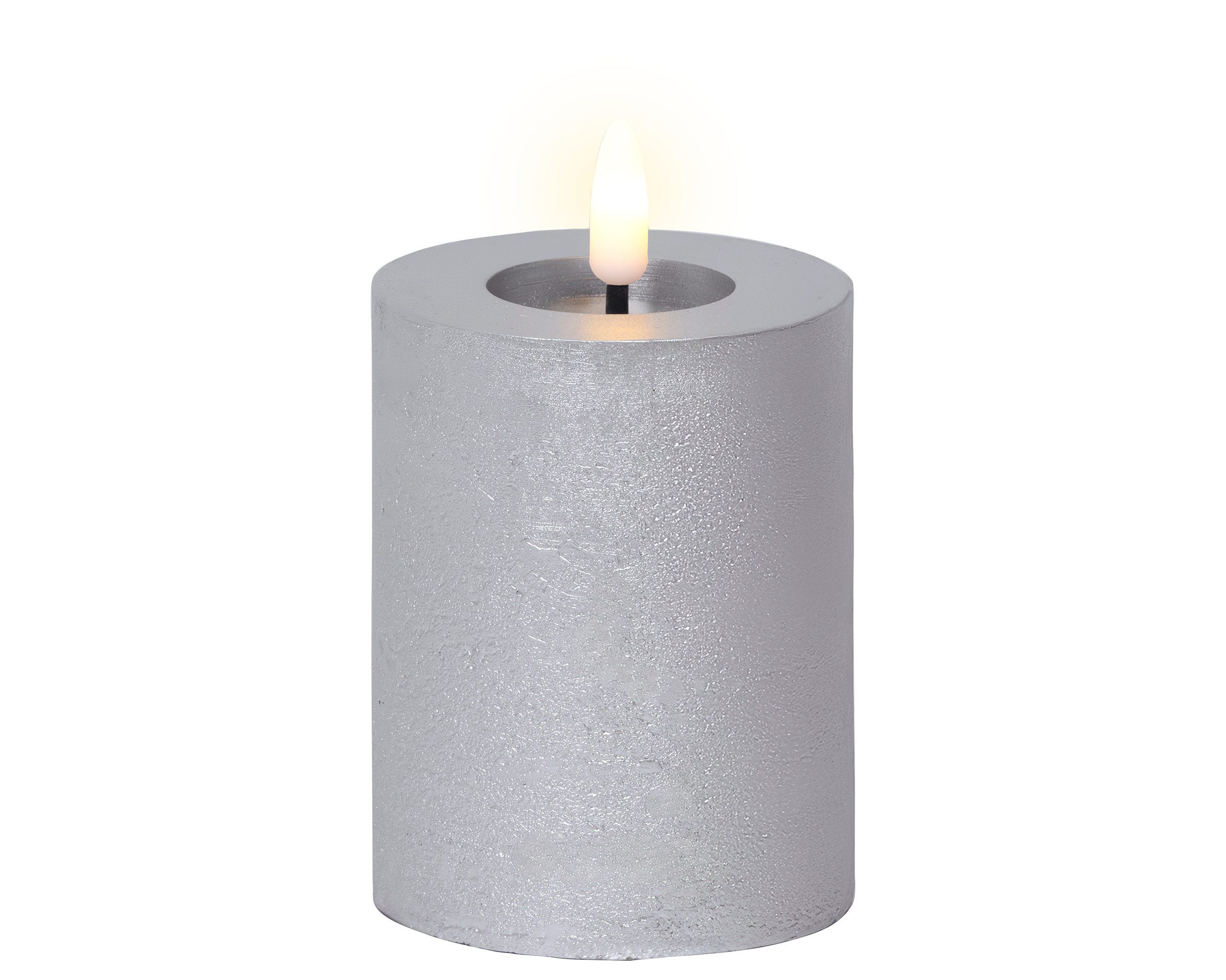 Lumineo LED-Kerze, LED Kerze 7x11cm mit Timer Wachs Rustik Silber / Warmweiß
