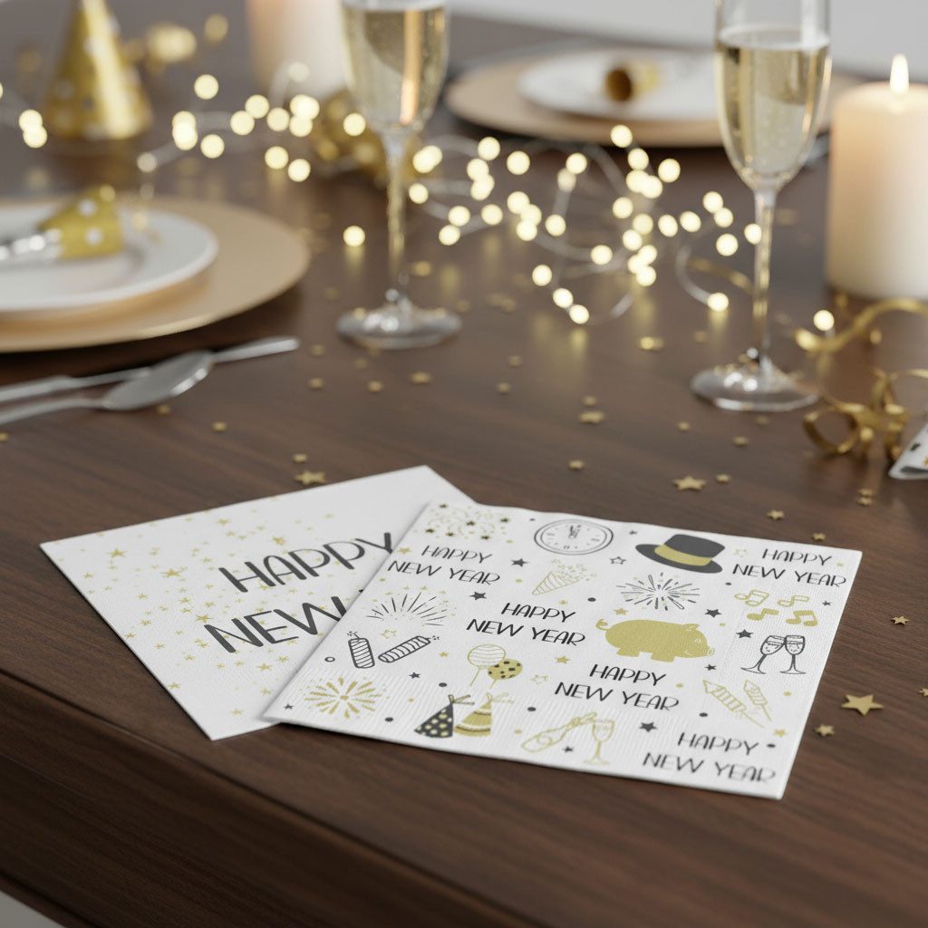Levandeo® Papierserviette, 40 Stück Silvester Servietten Happy New Year Weiß Schwarz Gold