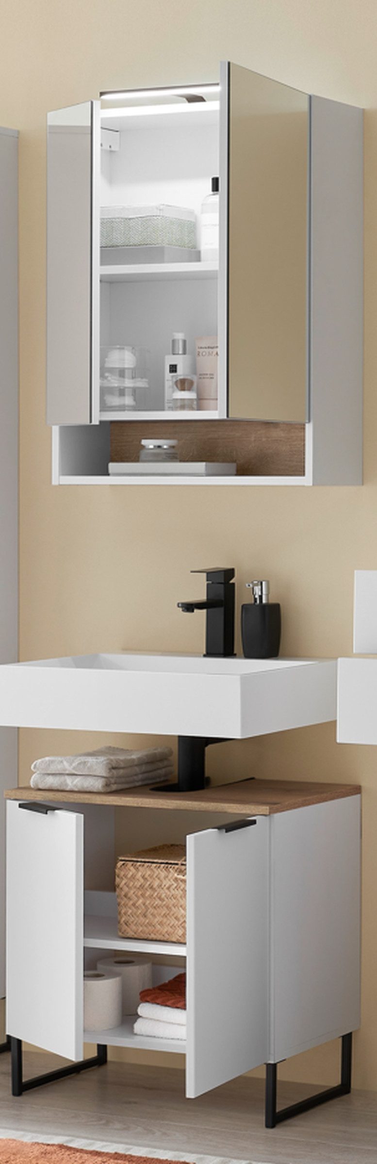 BEGA BBK Badezimmer-Set (2-tlg) in weiß matt / Evoke Eiche Dekor - 60x195x35 (BxHxT), (2-tlg., bestehend aus: Waschbeckenunterschrank,Spiegelschrank)