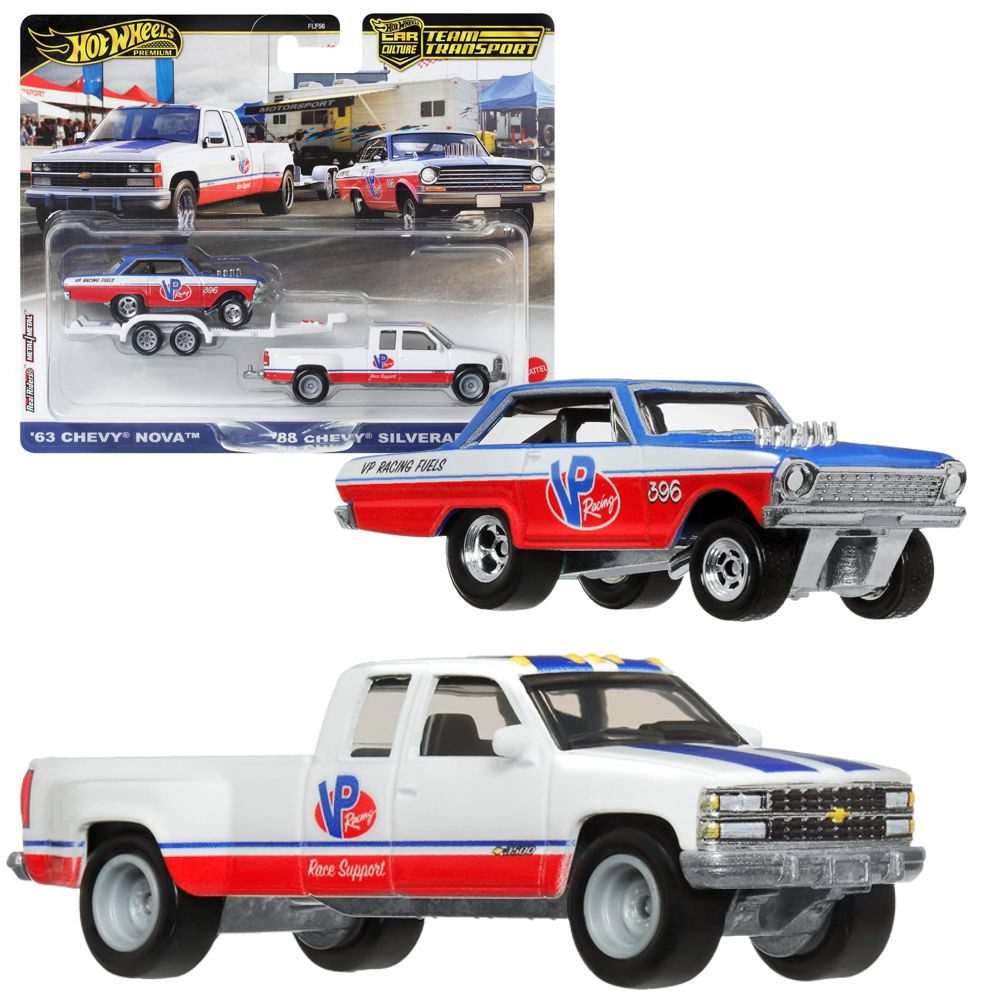 Hot Wheels Spielzeug-Rennwagen Chevy Nova + Chevy Silverado Hot Wheels Team Transport Fahrzeuge