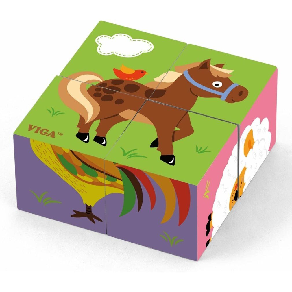 Viga® Holzspielzeug Viga 50835 4-teiliges 6-Seiten-Würfelpuzzle - Bauernhof-Tiere Spielbausteine, (Packung)