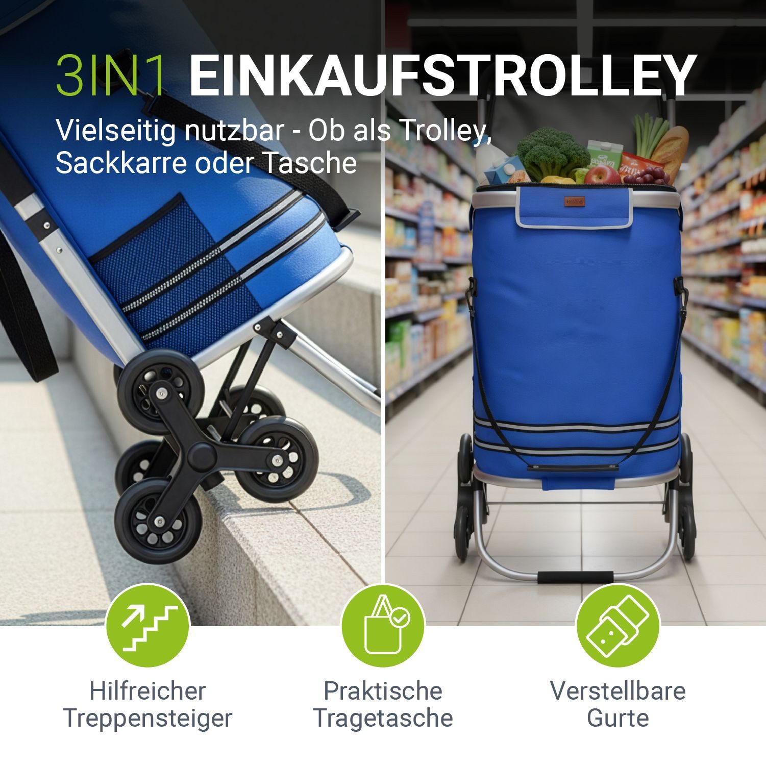 Juskys Einkaufstrolley 3in1, 56 l, mit Treppensteiger (6 Rollen), klappbar und modern, mit Kühlfach