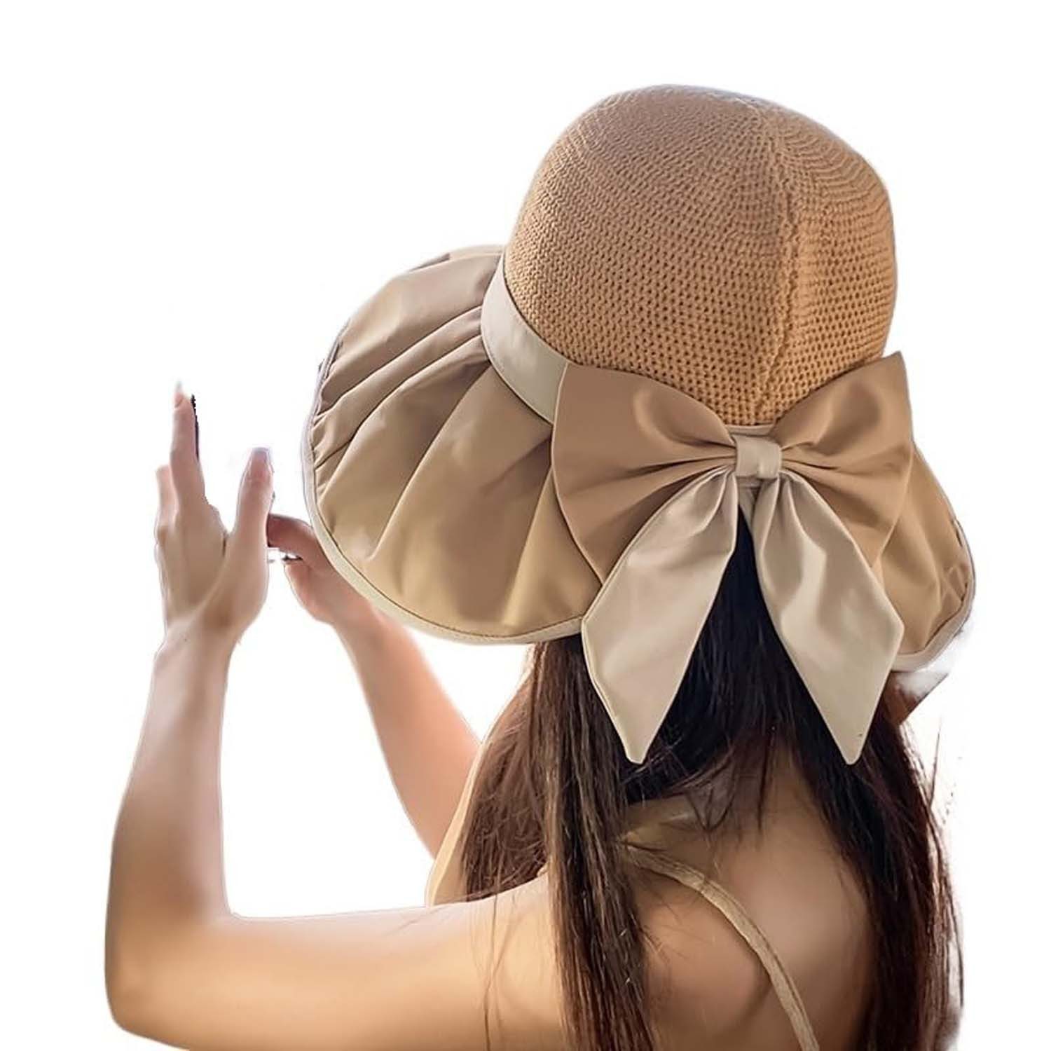 Oemmn Sonnenhut Strohhüte für Damen Strandhüte mit Pferdeschwanzöffnung Sommer