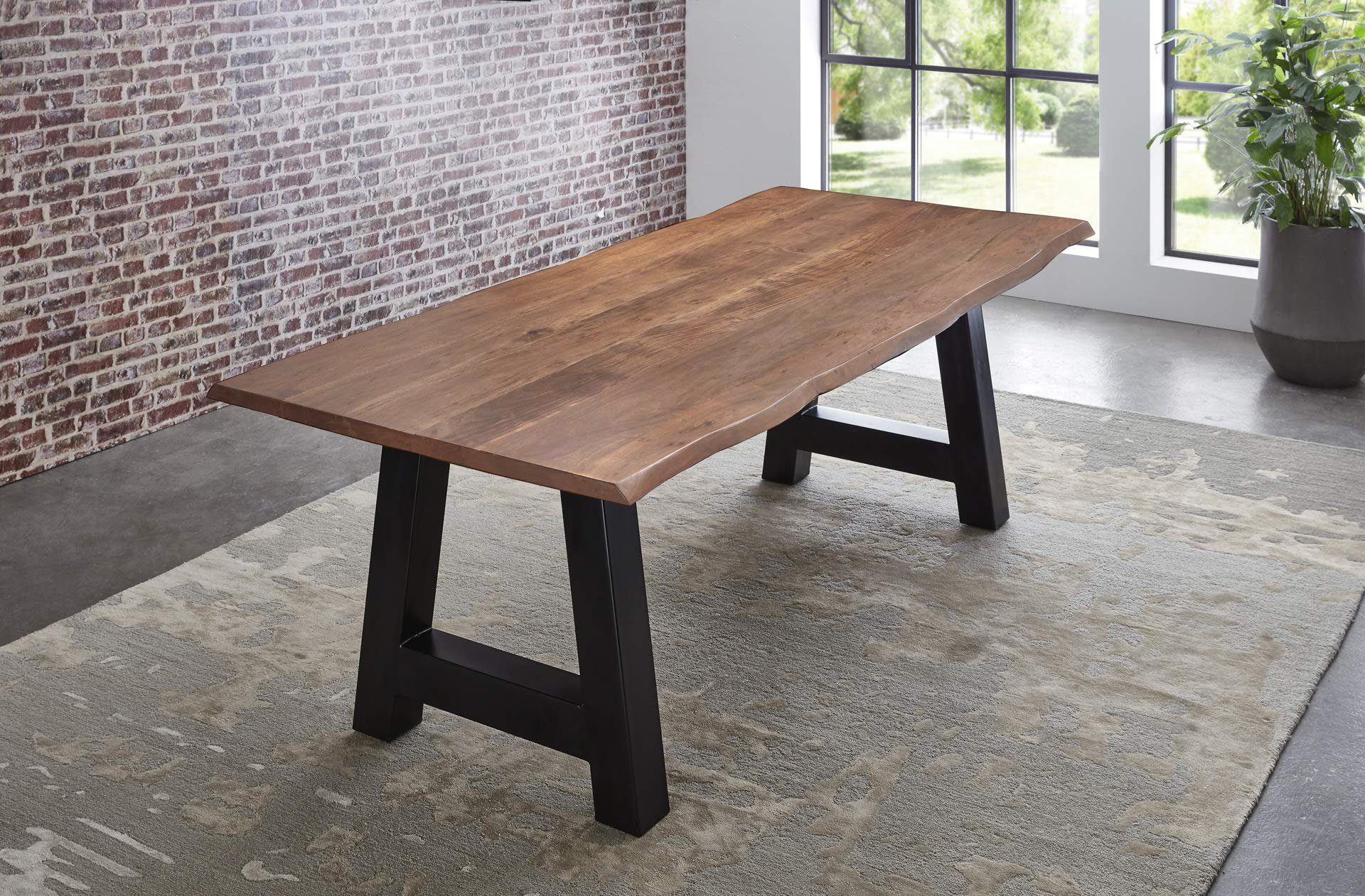 Tisch Baumkante A-Gestell mit und Athen, naturfarben Junado® Essgruppe massiv schwarz Stühle 6x 7-tlg.