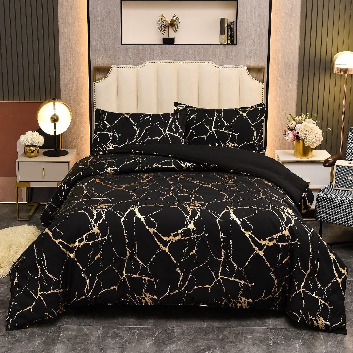 LuxusKollektion Jugendbettwäsche Bettwäsche 135x200 2er Set Schwarz Gold