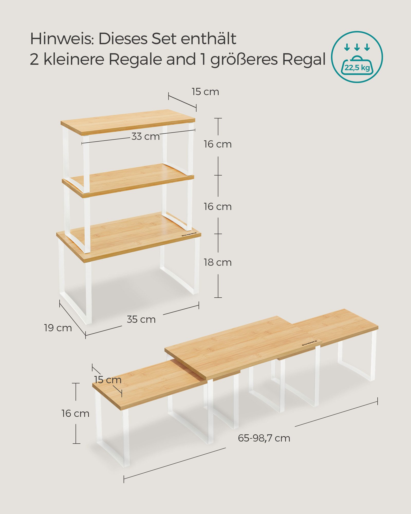 SONGMICS Gewürzregal Küchen-Organizer, 3-tlg., 3er Set, stapelbar, erweiterbar, Metall und Bambus – Bild 3 von 5