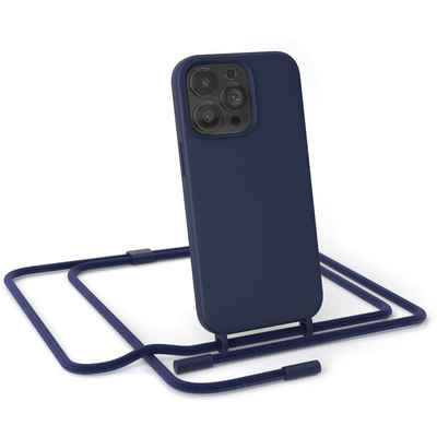 EAZY CASE Handykette Runde Kette für Apple iPhone 13 Pro 6,1 Zoll, Handytasche durchsichtige Silikon Hülle mit breitem Umhängeband Blau