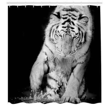 Abakuhaus Duschvorhang Moderner Digitaldruck mit 12 Haken auf Stoff Wasser Resistent Breite 175 cm, Höhe 180 cm, Tiger Große Katze spielt in Wasser
