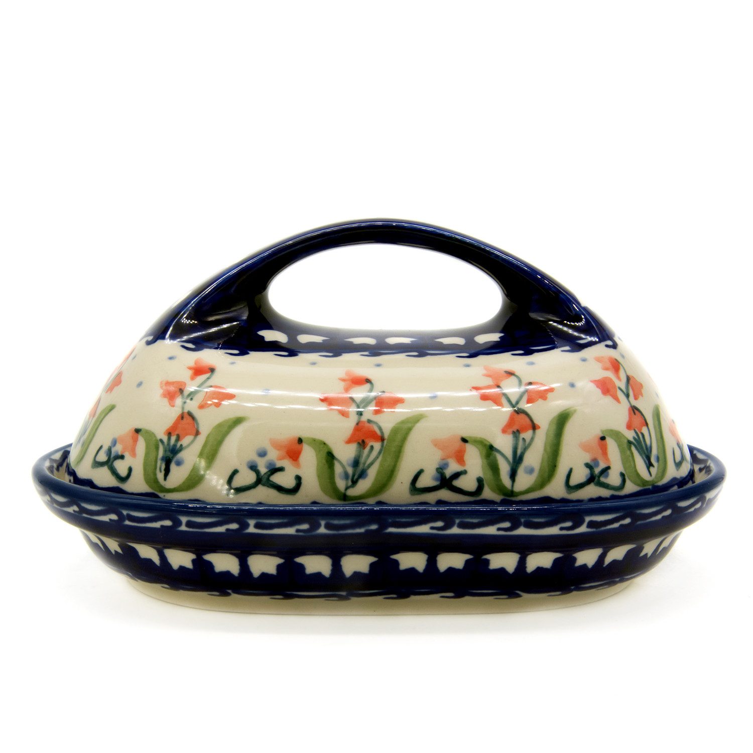 Bunzlauer Keramik Manufaktura Butterdose oval mit großem Griff, Unterteil und Deckel oval geformt, großer Griff.
