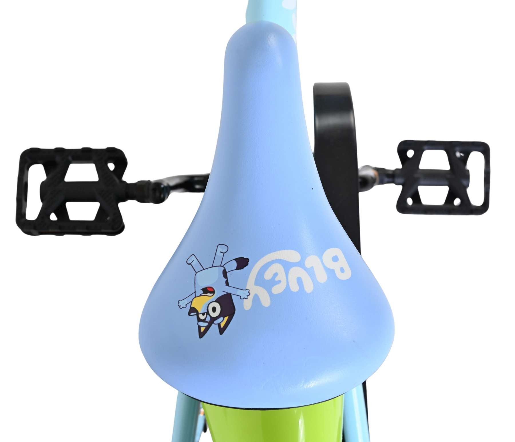 Volare Kinderfahrrad Bluey 14 Zoll Hellblau mit Stützrädern, Handbremse & Rücktrittbremse, Neongrüne Schutzbleche, geschlossener Kettenkasten, Stahlfelgen