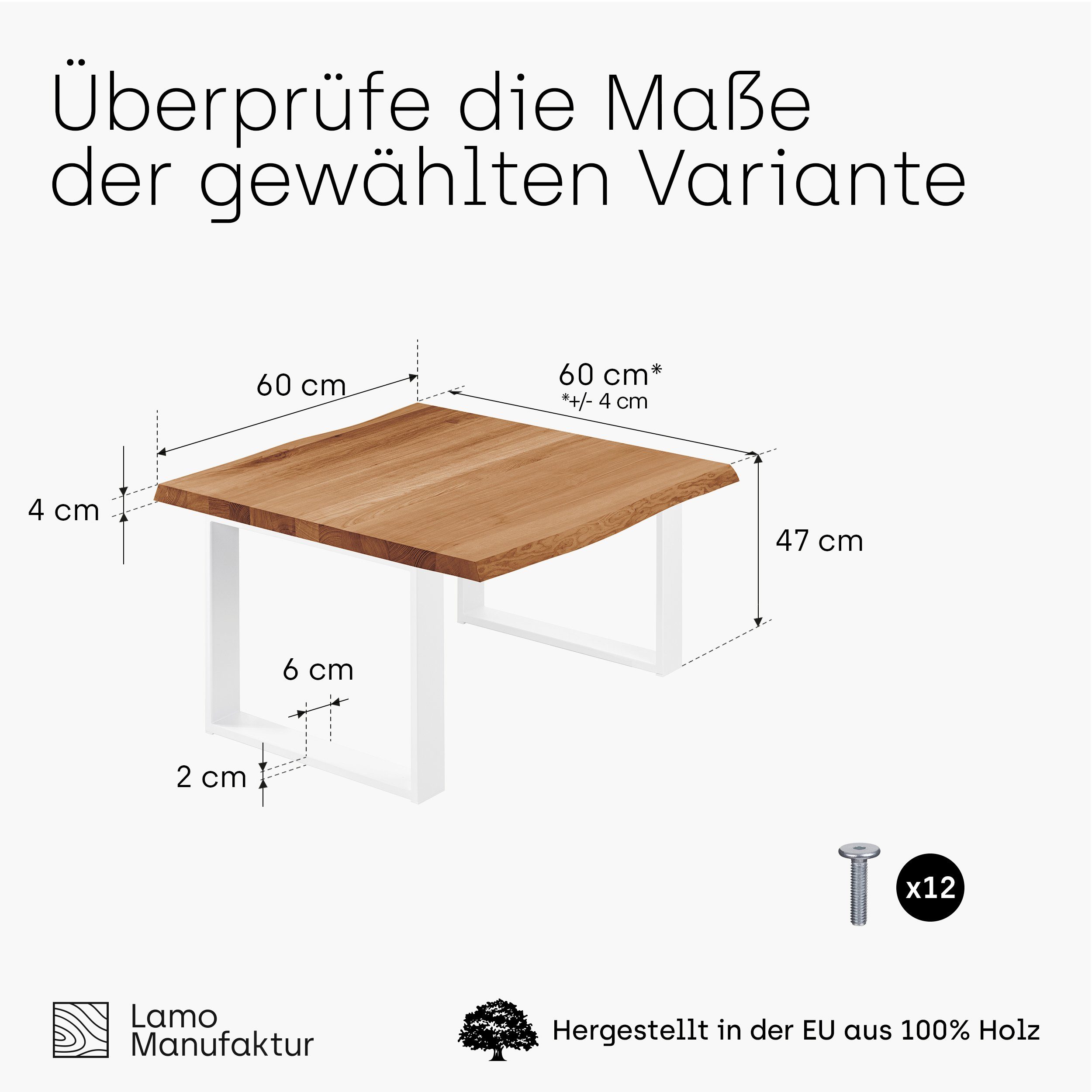 inkl. Modern massiv LAMO Weiß Baumkantentisch Massivholz Metallgestell Esstisch Manufaktur (1 Tisch), | Baumkante Dunkel