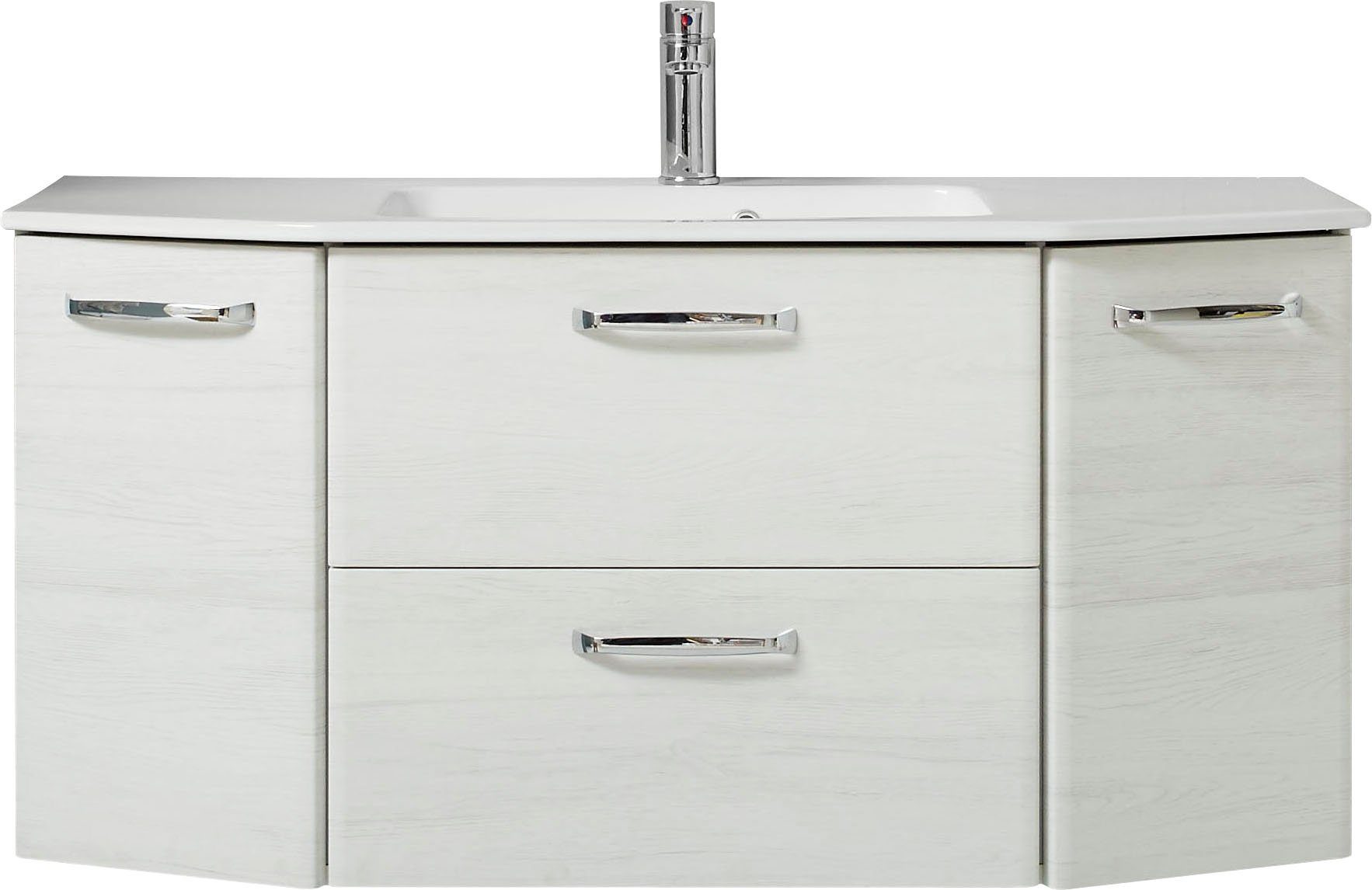 Saphir Waschtisch Quickset Waschplatz inkl. Keramikwaschtisch, 112 cm breit, 2 Türen, Unterschrank mit Waschbecken, inkl. Türdämpfer, Griffe Chrom Glanz