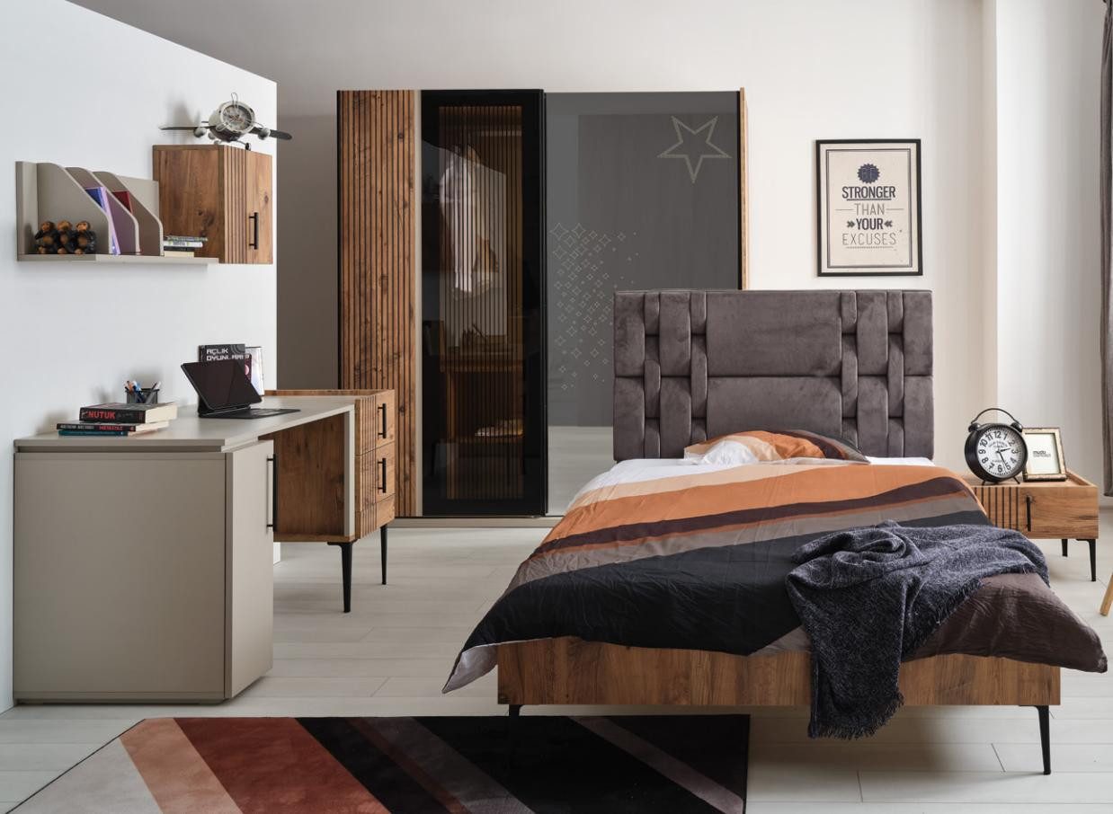 Jugendzimmer-Set Modernes Möbelset aus Holz und Glas in Braun und Grau
