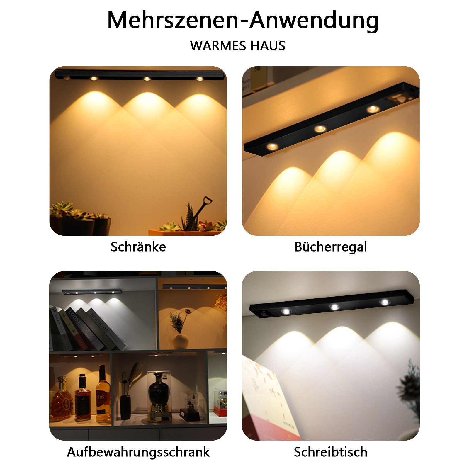 Rosnek LED Lichtleiste Wiederaufladbar, 3 Lichtfarben, dimmbar, für Schrank Garderobe Treppe, 3000K Warmweiß, 4500K Naturweiß, 6500K Kaltweiß, Küche Schlafzimmer Deko