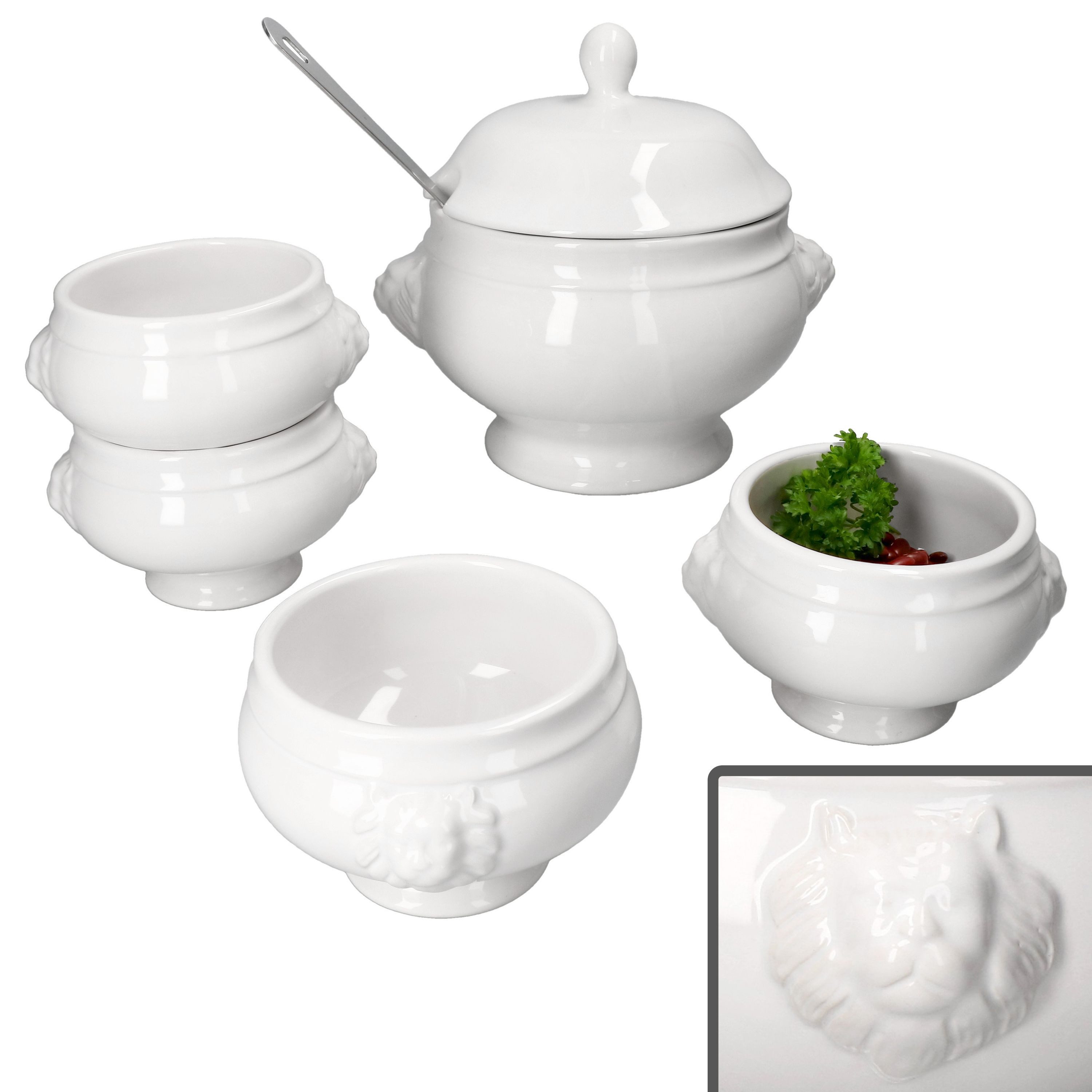 MamboCat Suppenschüssel 5tlg Set LEO Löwenkopf-Terrine mit & ohne Deckel 2L 0,45L weiß, Steingut