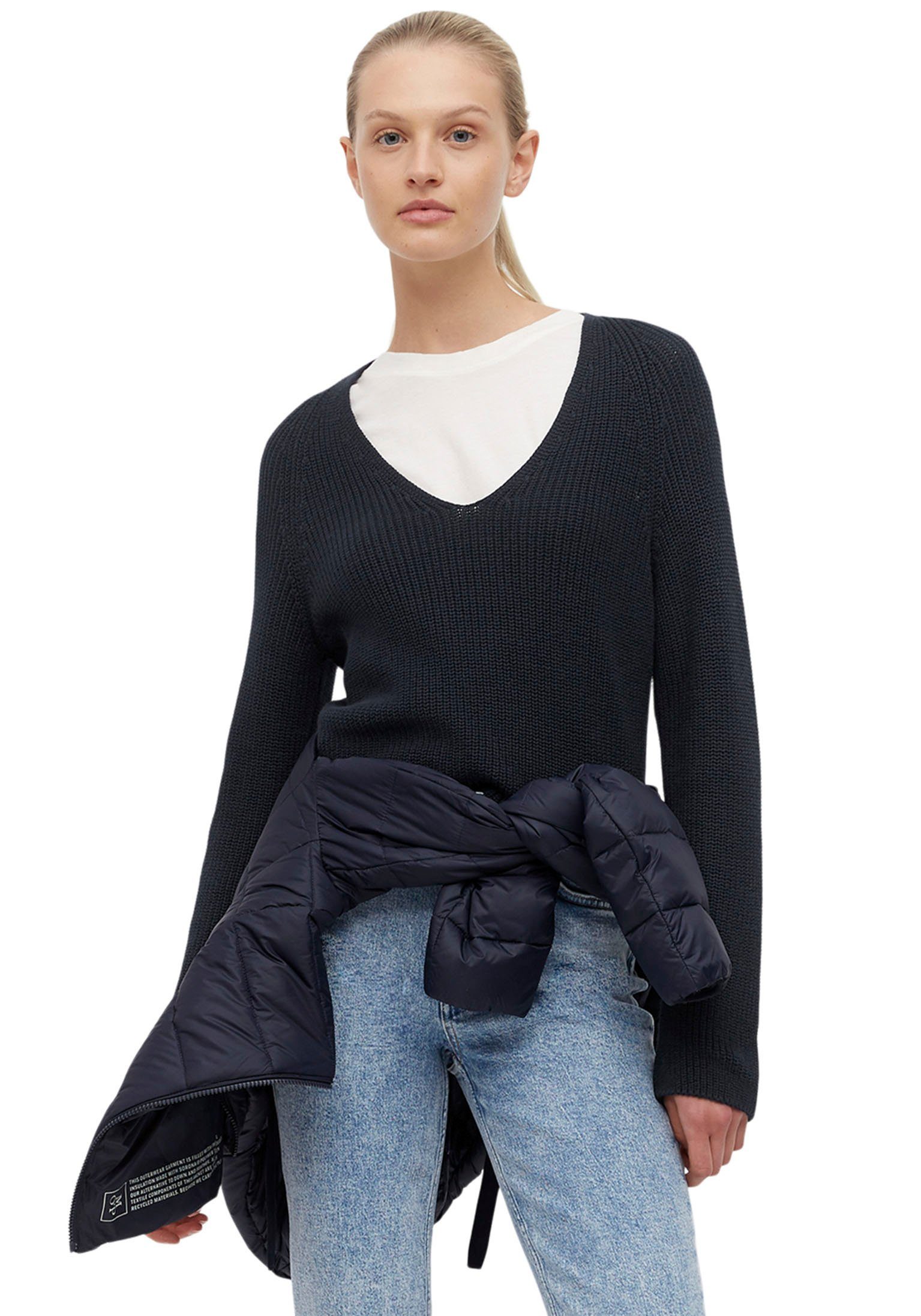 und marine mit Marc V-Neck Ärmel dekorativem am O'Polo Strickmuster Strickpullover