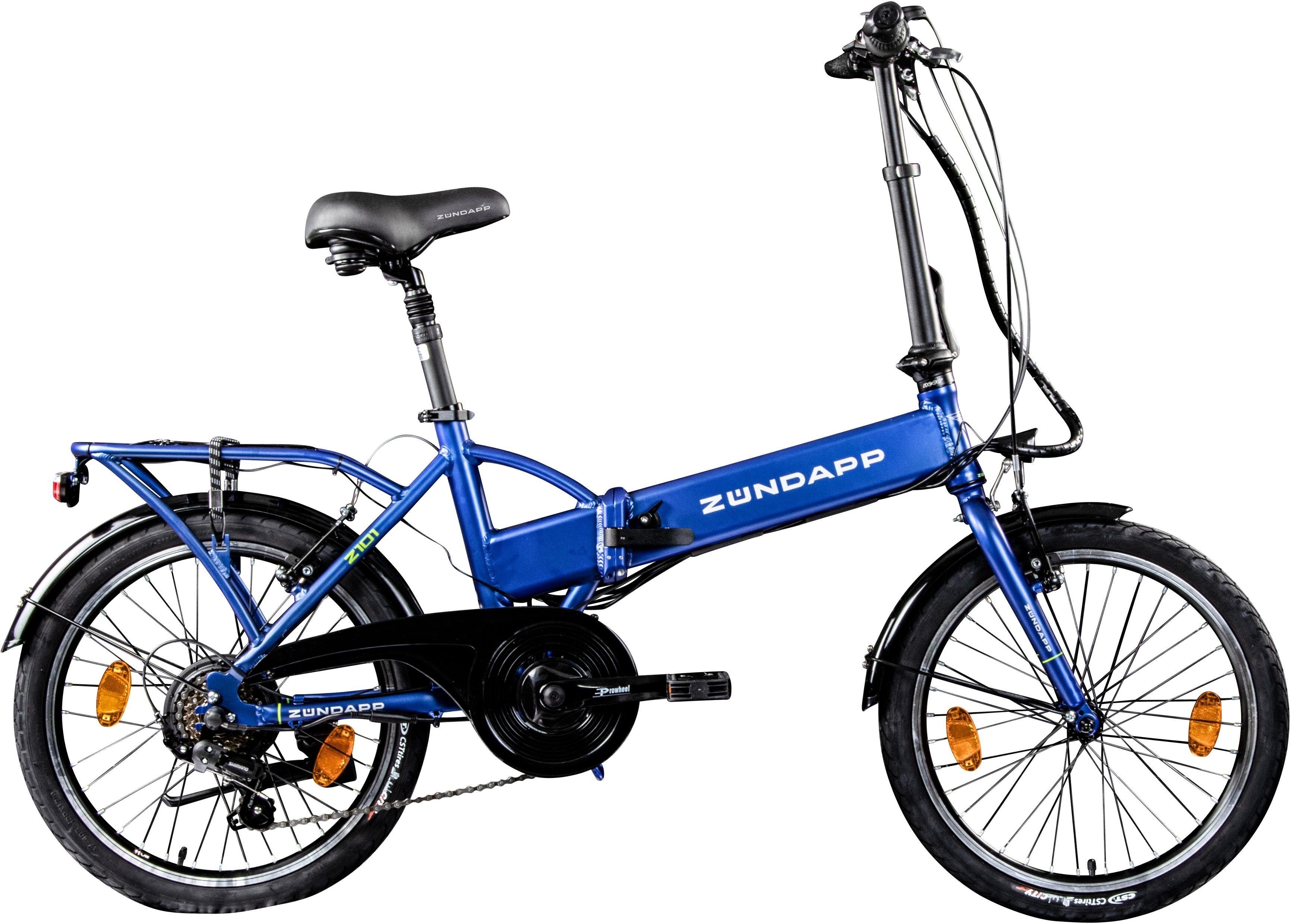 Zündapp E-Bike Klapprad Z101, 6 Gang Shimano Tourney Schaltwerk, Kettenschaltung, Heckmotor, 270 Wh, Pedelec, Elektrofahrrad für Damen u. Herren