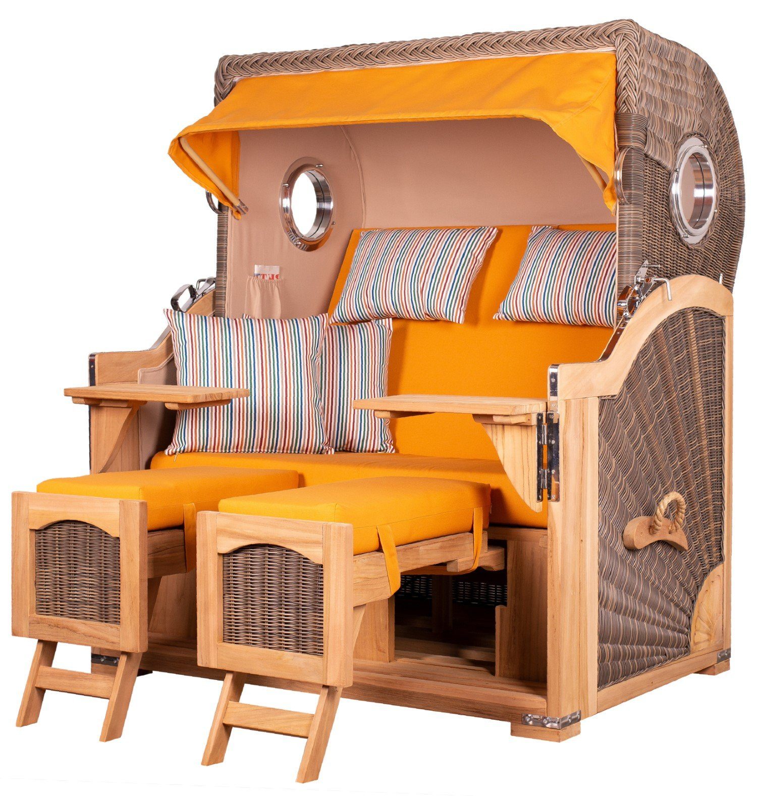 bene living Strandkorb Ammersee Grande XL Teak - PE grau - Modell 586, BxTxH: 142x95x165 cm, Volllieger ca. 175 Grad, Ostsee-Strandkorb Komplettset, inkl. Liftersystem und Bullaugen