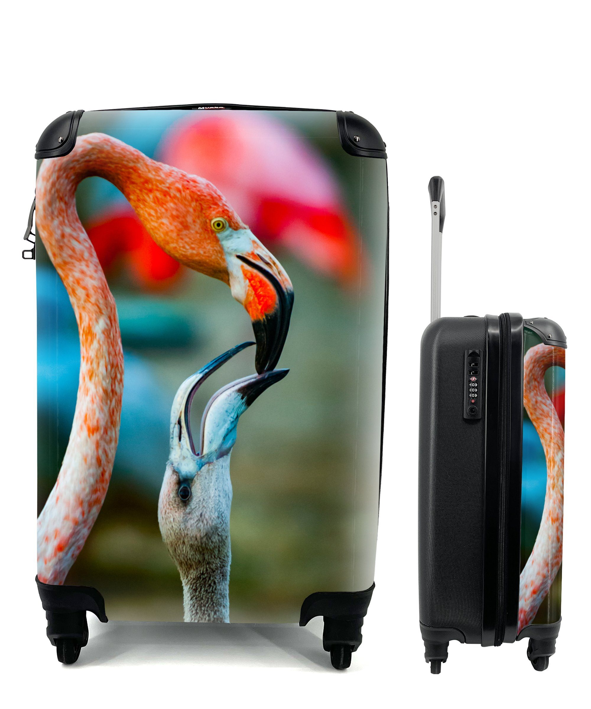 mit - Porträt, Rollen, Handgepäckkoffer für Vögel MuchoWow Reisetasche 4 Reisekoffer rollen, Ferien, Handgepäck - Flamingos Trolley,
