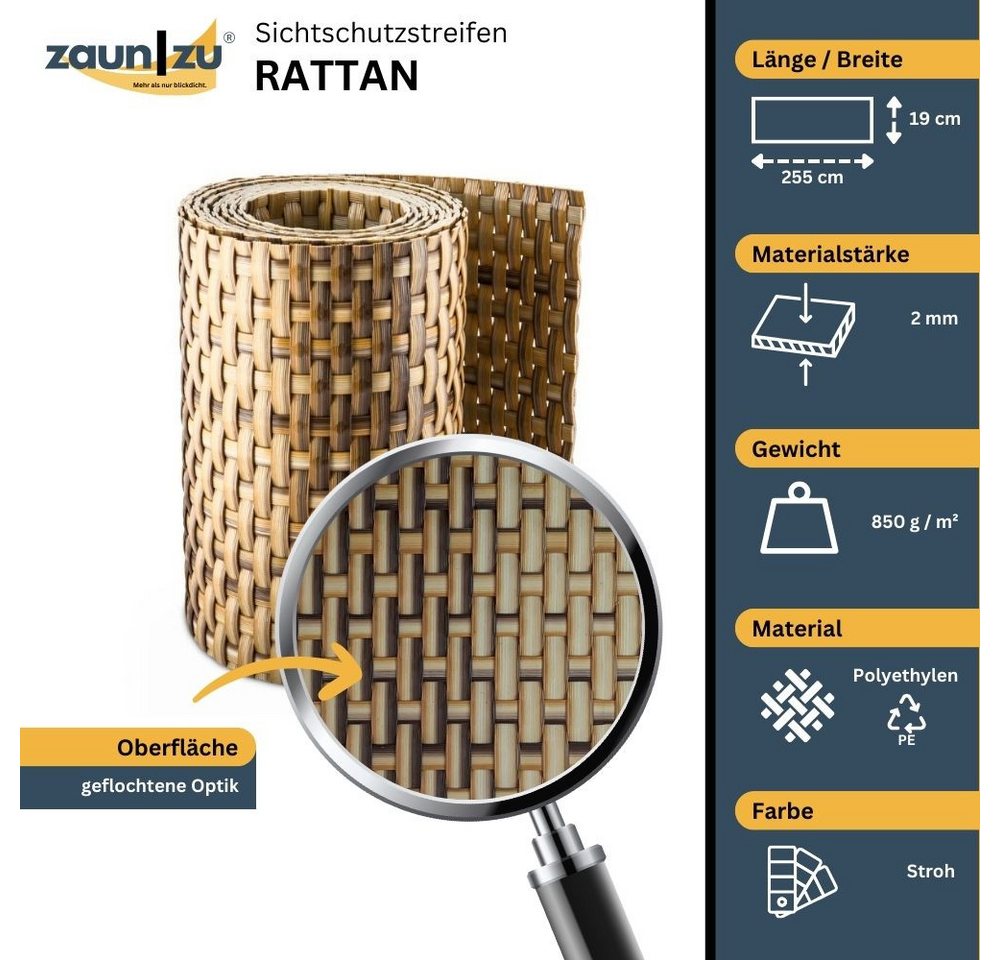 Thumbnail - zaunzu Sichtschutzstreifen Rattan Einzelstreifen für Doppelstabmatten Stroh 2,55m, (Einzelstreifen, 1), PE für Doppelsta...