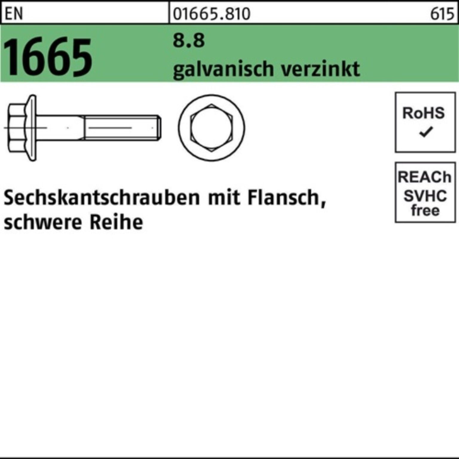 Reyher Sechskantschraube 100er Pack Sechskantschraube EN 1665 Flansch M12x 80 8.8 galv.verz. 50