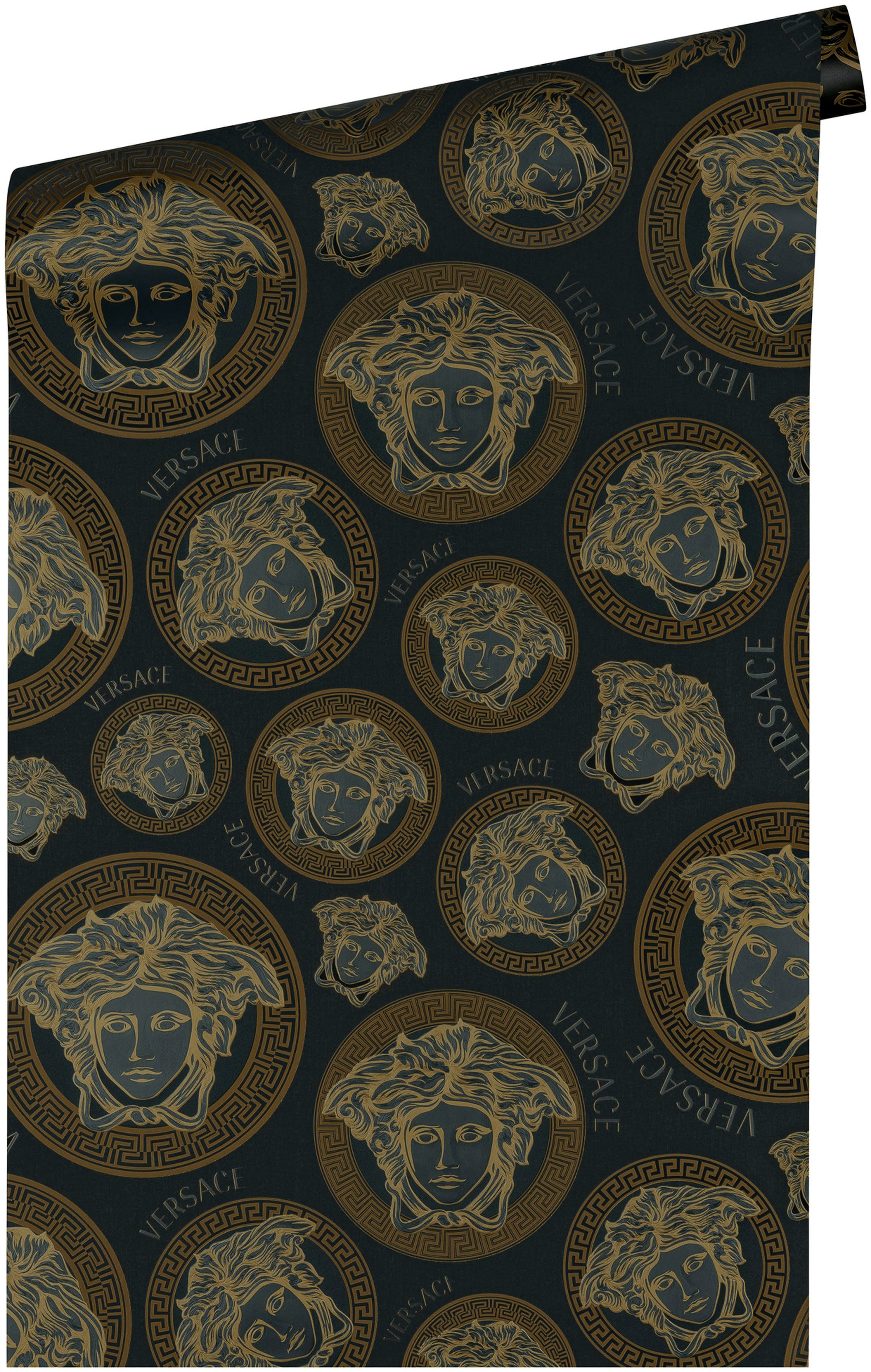 leicht Versace Versace (1 Vliestapete glänzend, Wallpaper St), Medusakopf, leicht goldfarben/schwarz 5 strukturiert, Designertapete