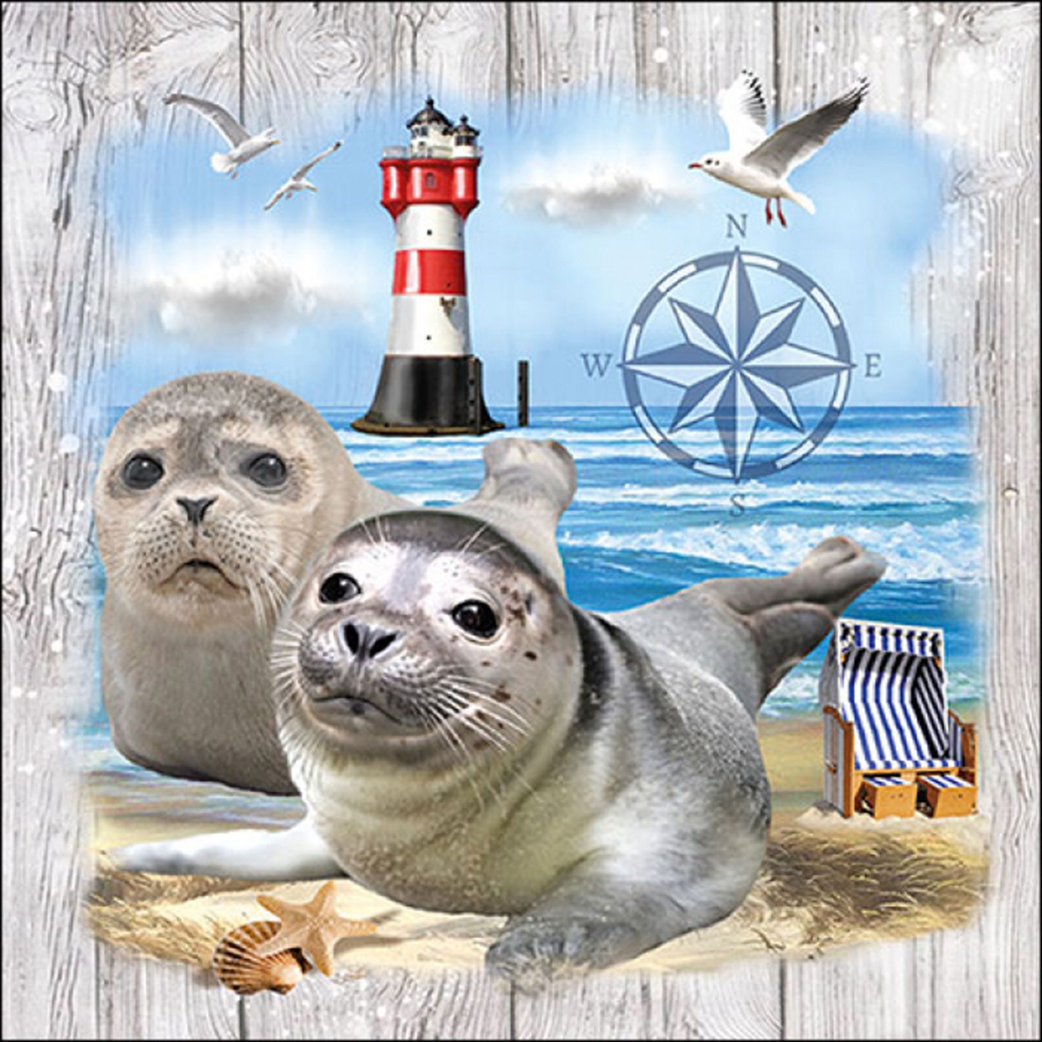 Ambiente Luxury Paper Products Papierserviette, Servietten Papier 33x33cm 3-lagig mit Seehunde & Strand Motiv 20 Stk.