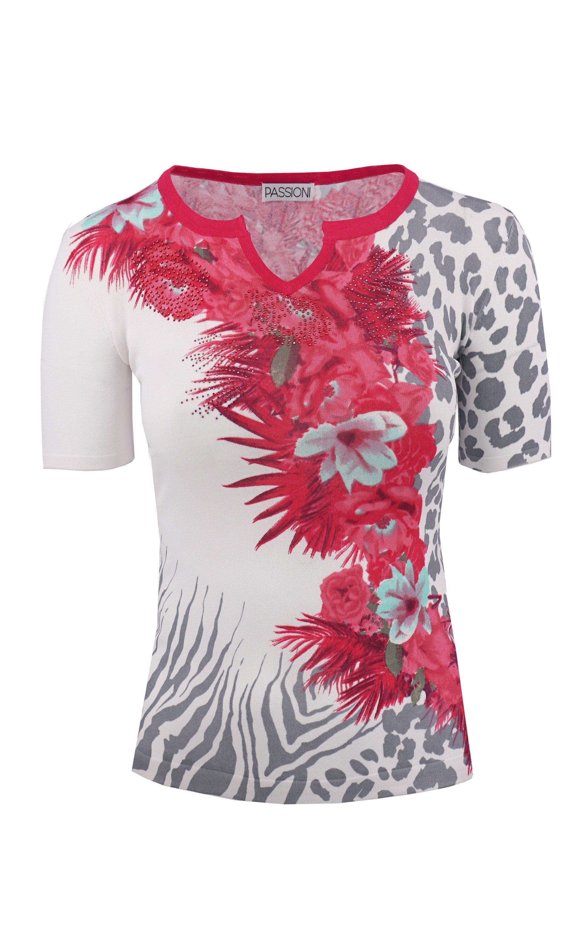 Passioni T-Shirt mit Abgerundetem V-Ausschnitt und Tropischem Druck – Bild 2 von 2