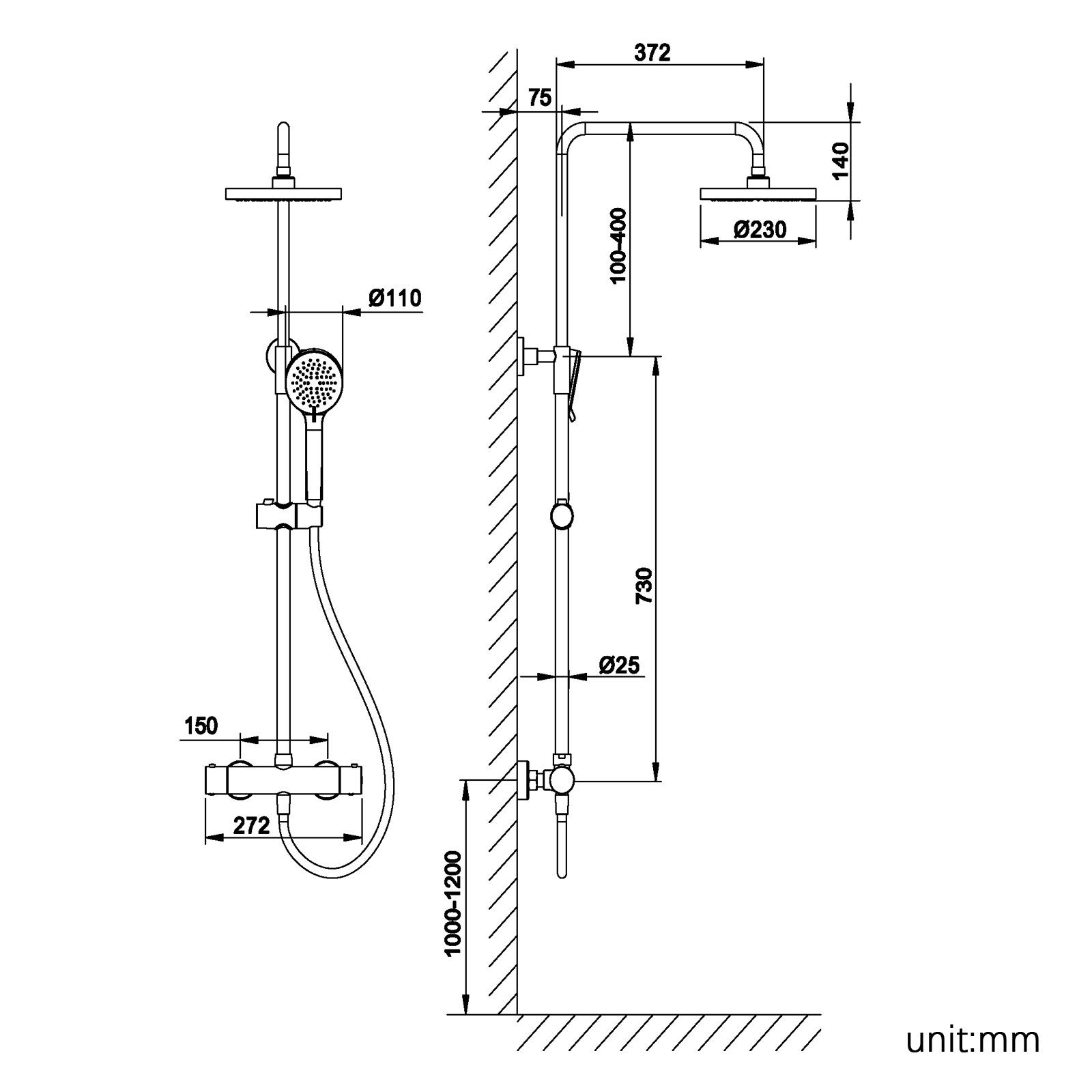 CECIPA Duschsystem Thermostat-Duschsäule Schwarz-Schwarz Brausegarnitur höhenverstellba mit Mischbatterie