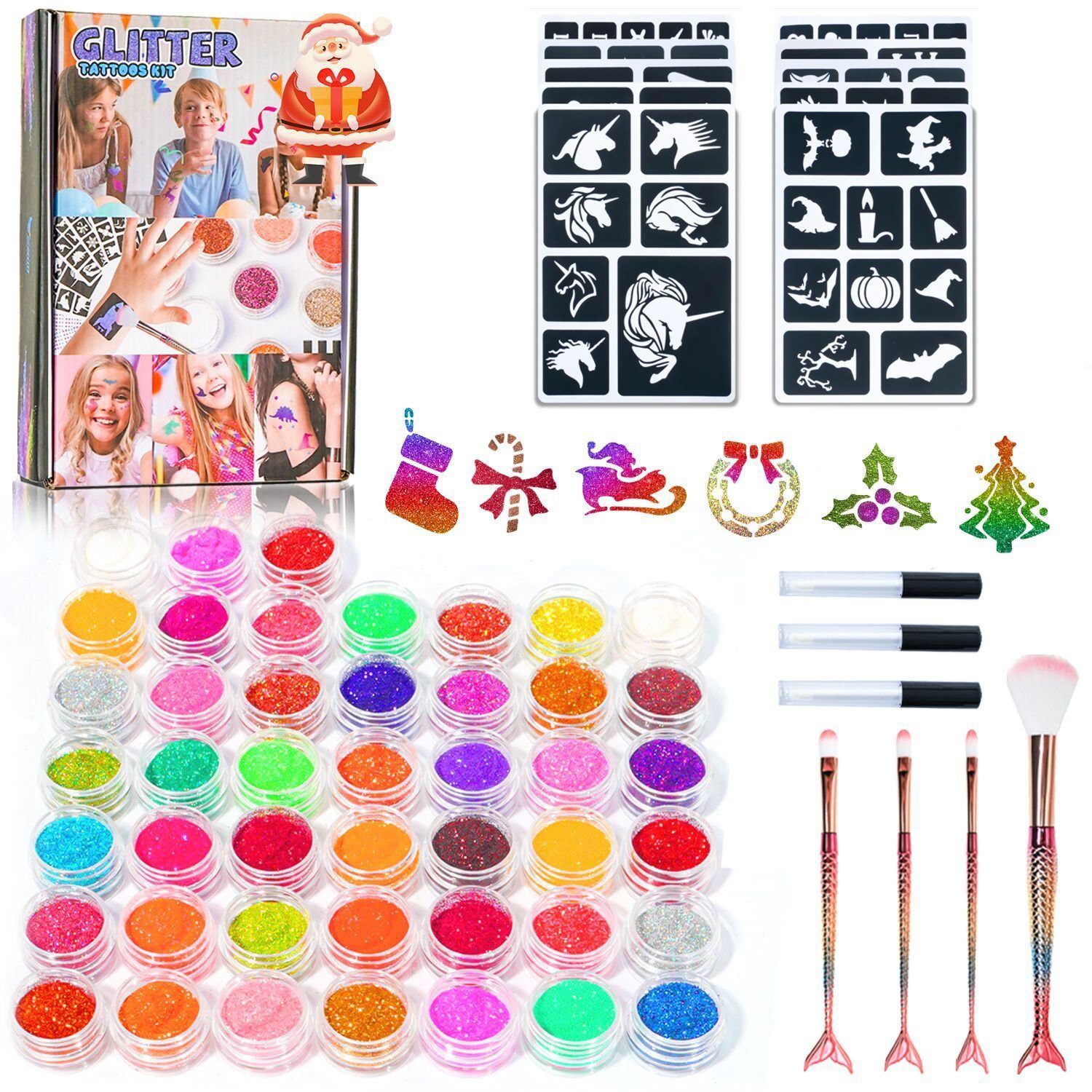 Esun RC-Boot Glitzer Tattoo Set Kinder Jungen Mädchen, Glitzertattoos Kinder Set (45Farben 265Tattoo Schablonen Kinder), 120 Strasssteine,Tatoos Kids Mädchen Glitter