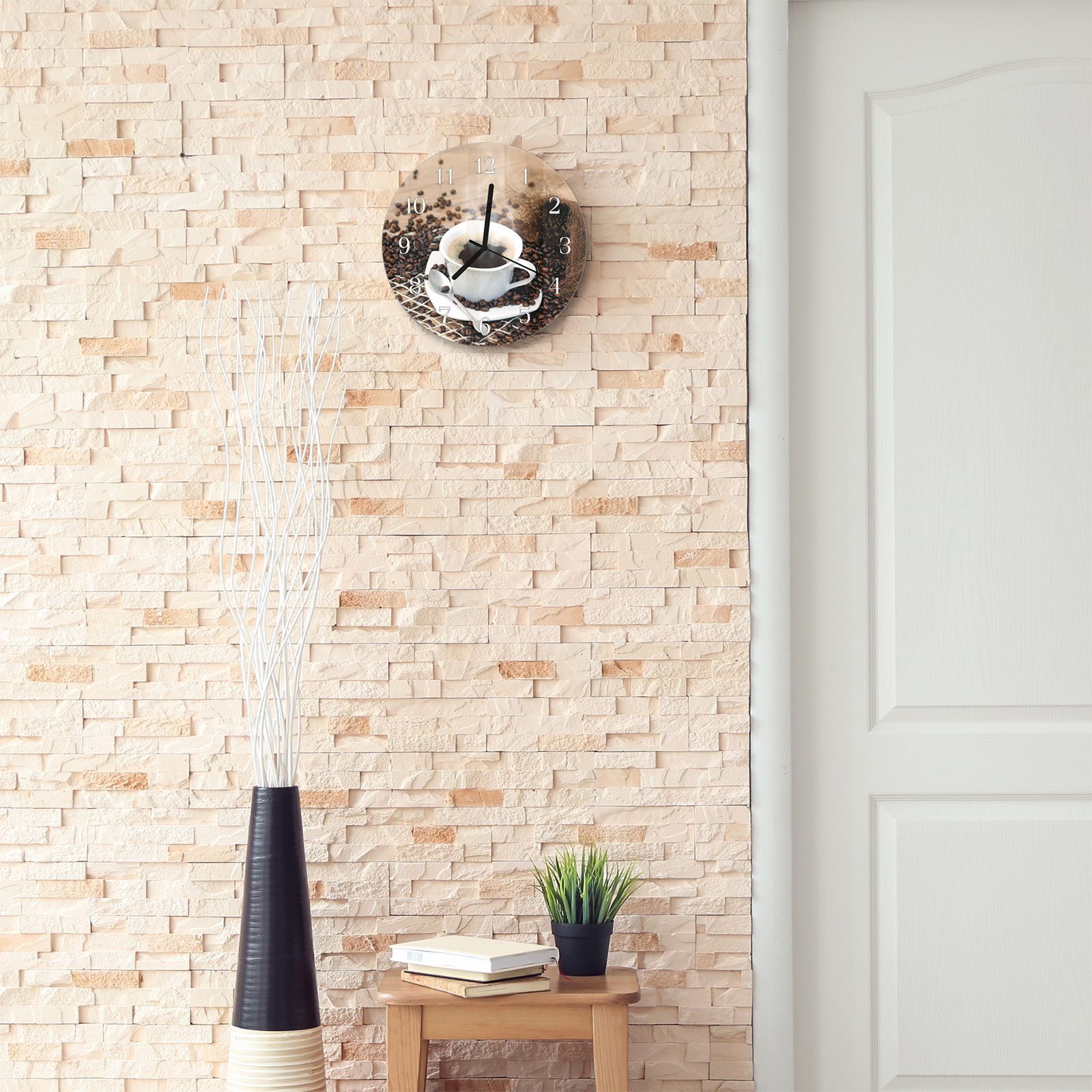Rund - Durchmesser aus Bohnen 30 mit Quarzuhrwerk und cm Wanduhr Glas Primedeco auf Kaffeetasse Motiv Wanduhr mit