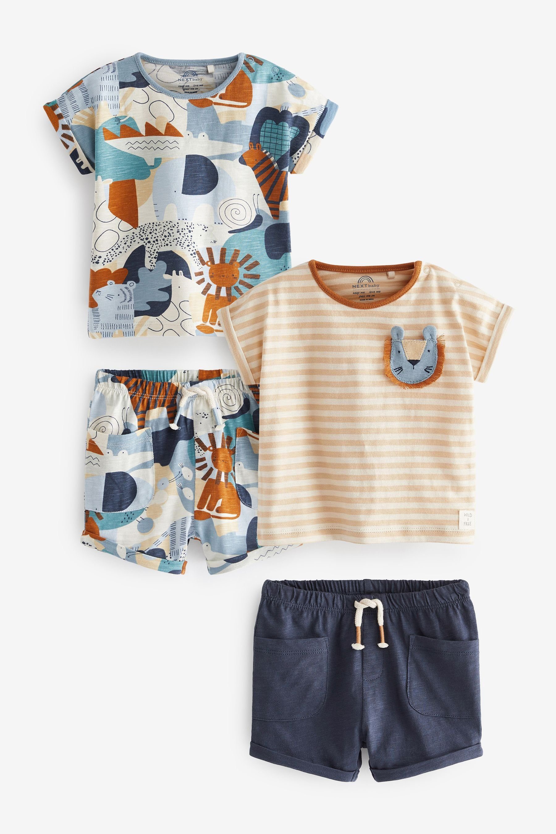 Next T-Shirt & Shorts Baby-T-Shirt im (4-tlg) Blue/Tan Shorts 4-teiligen Set Safari und Brown